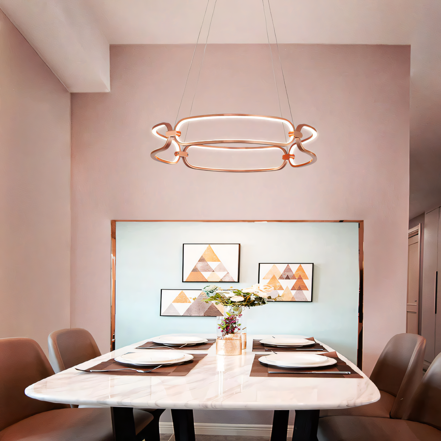 500mm rose gold hanging light with a sleek metal body, perfect for living rooms, dining rooms, and offices