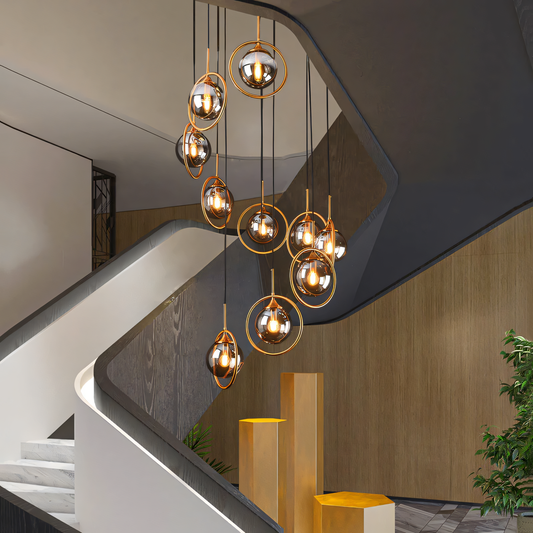10 Light LED Amber Glass Double Height Stair Chandelier: A mesmerizing, tiered LED ceiling chandelier with amber glass.