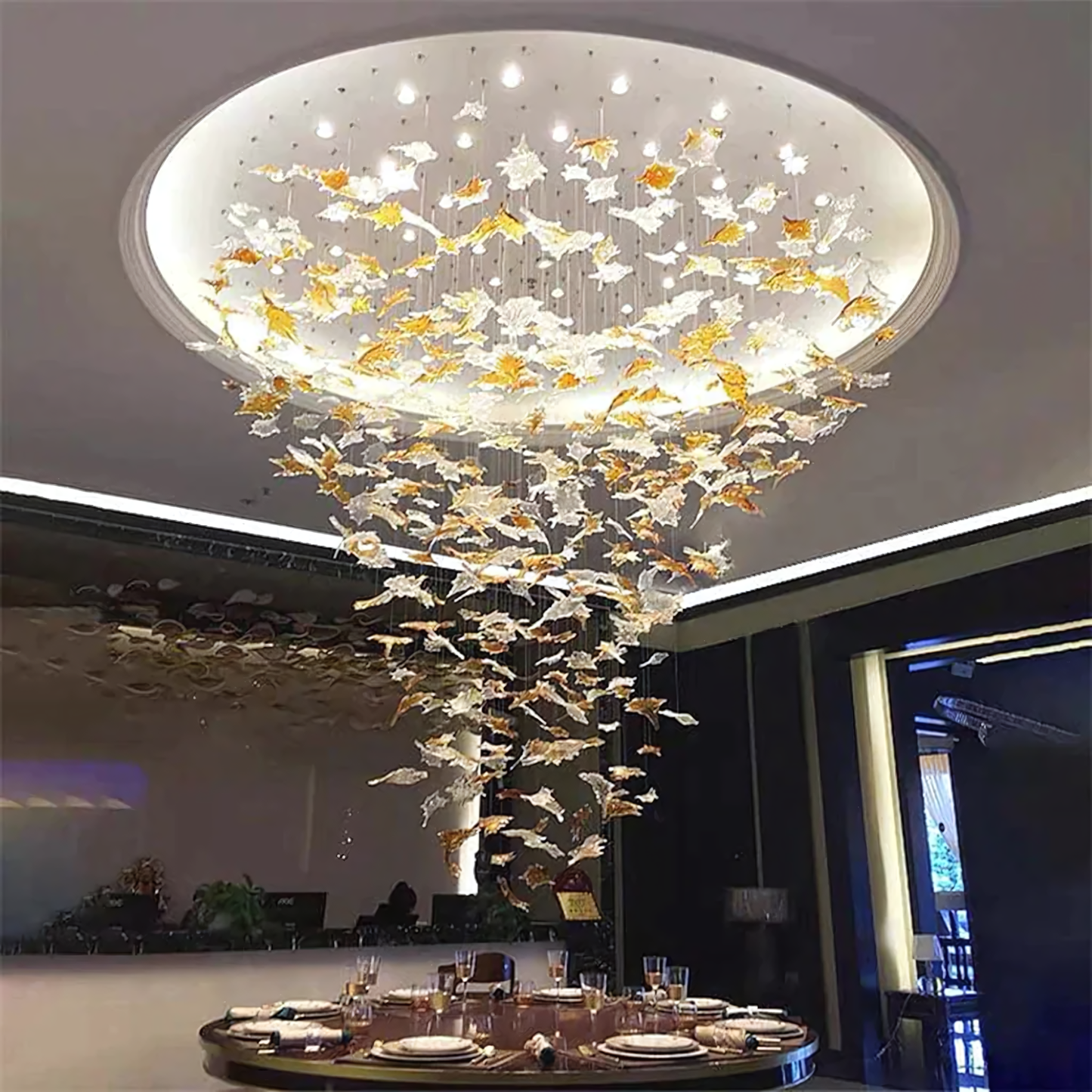 Warm, amber-hued glow of the Autumn Leaves Chandelier