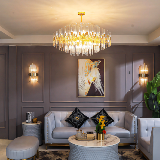 Exquisite crystal and metal brass gold LED ring chandelier in a luxury apartment