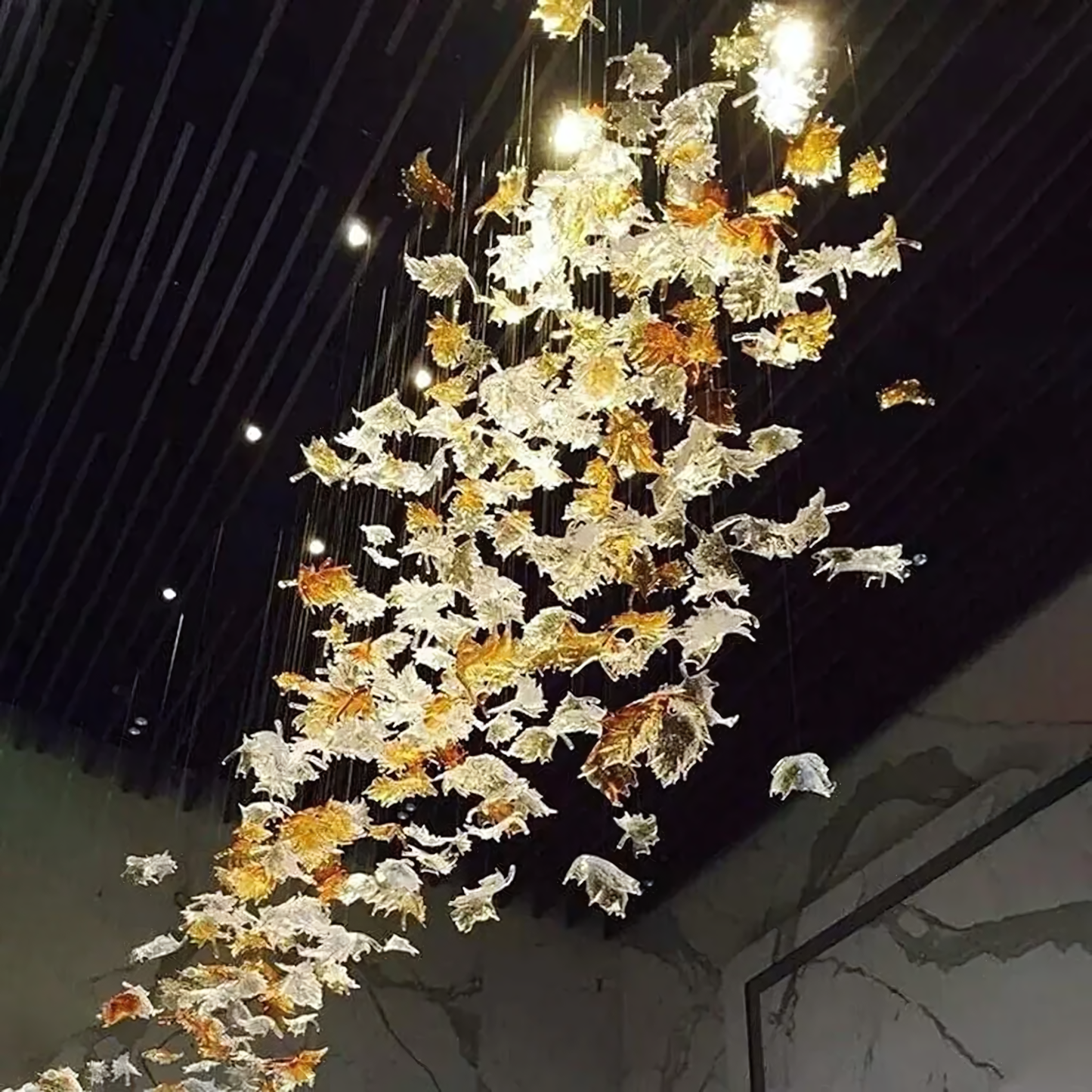 Delicate crystal leaves on the Autumn Leaves Chandelier