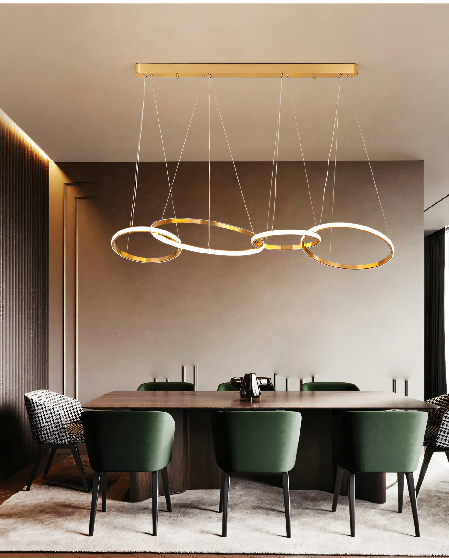 Modern LED chandelier with 4 cascading gold metal rings creates a warm and inviting glow.