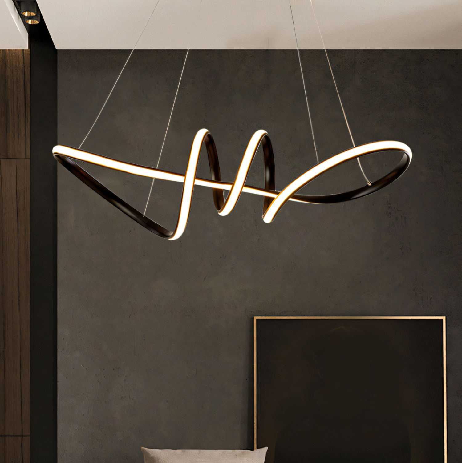 Bold, architectural 700mm black metal LED chandelier creating a striking focal point with its minimalist, floating silhouette