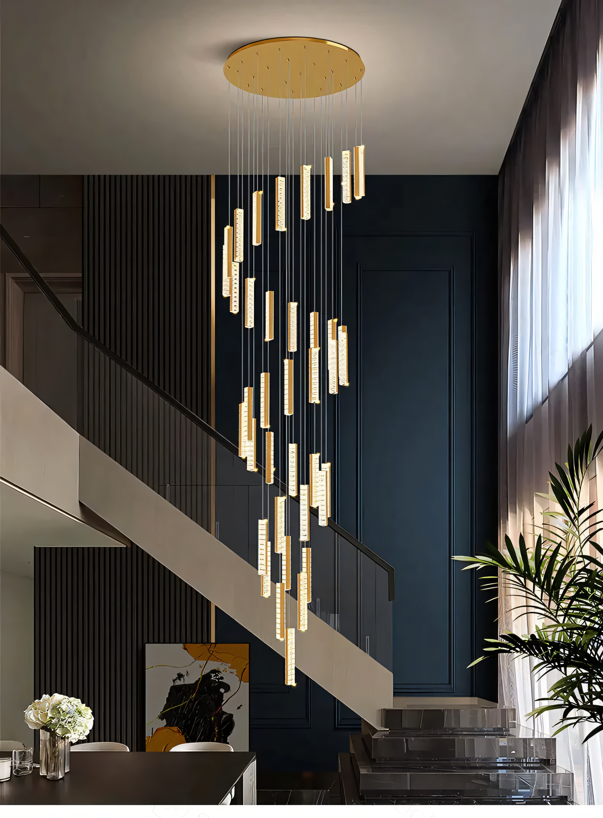 Captivating double-height staircase chandelier