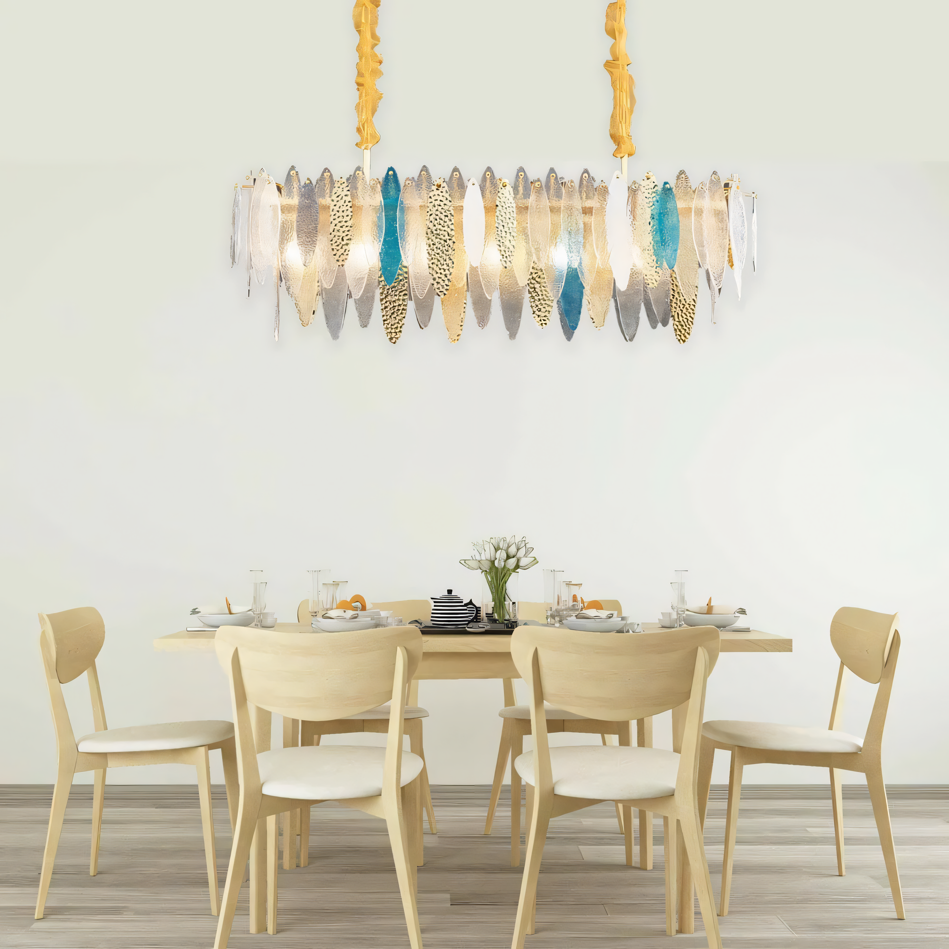 The Beach View Oval Chandelier casts a calming, wave-like glow on a beach house dining room.