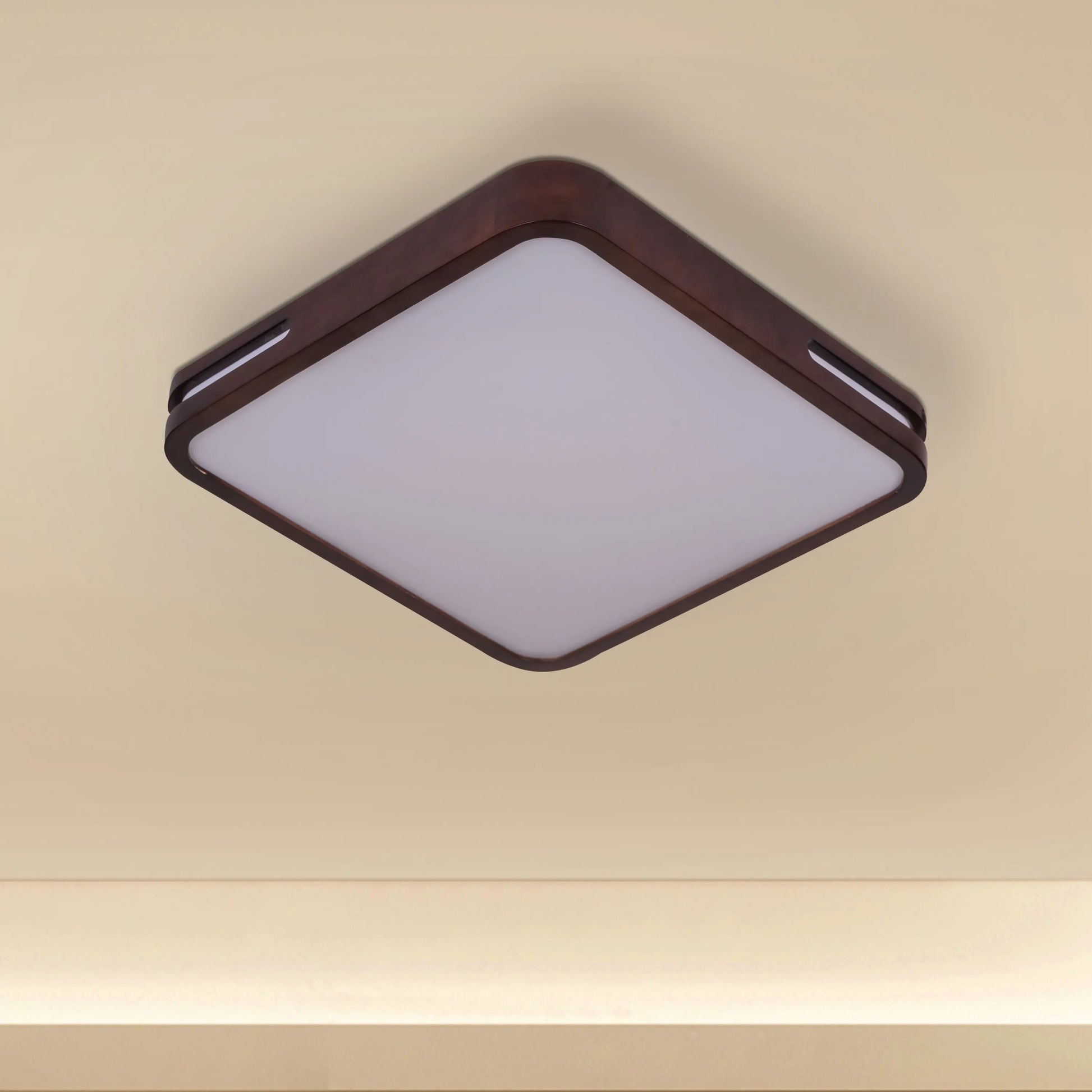 Wooden ceiling light with dimmable LED technology.