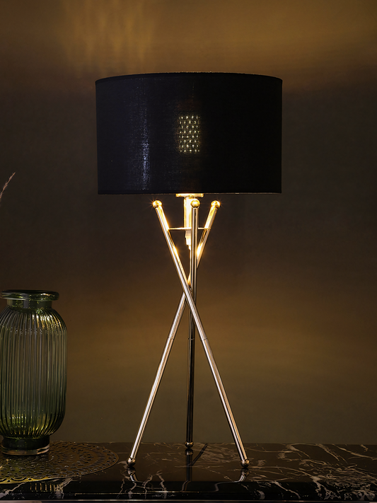 Tripod Table Lamp with Black Fabric Shade and Gold Accents