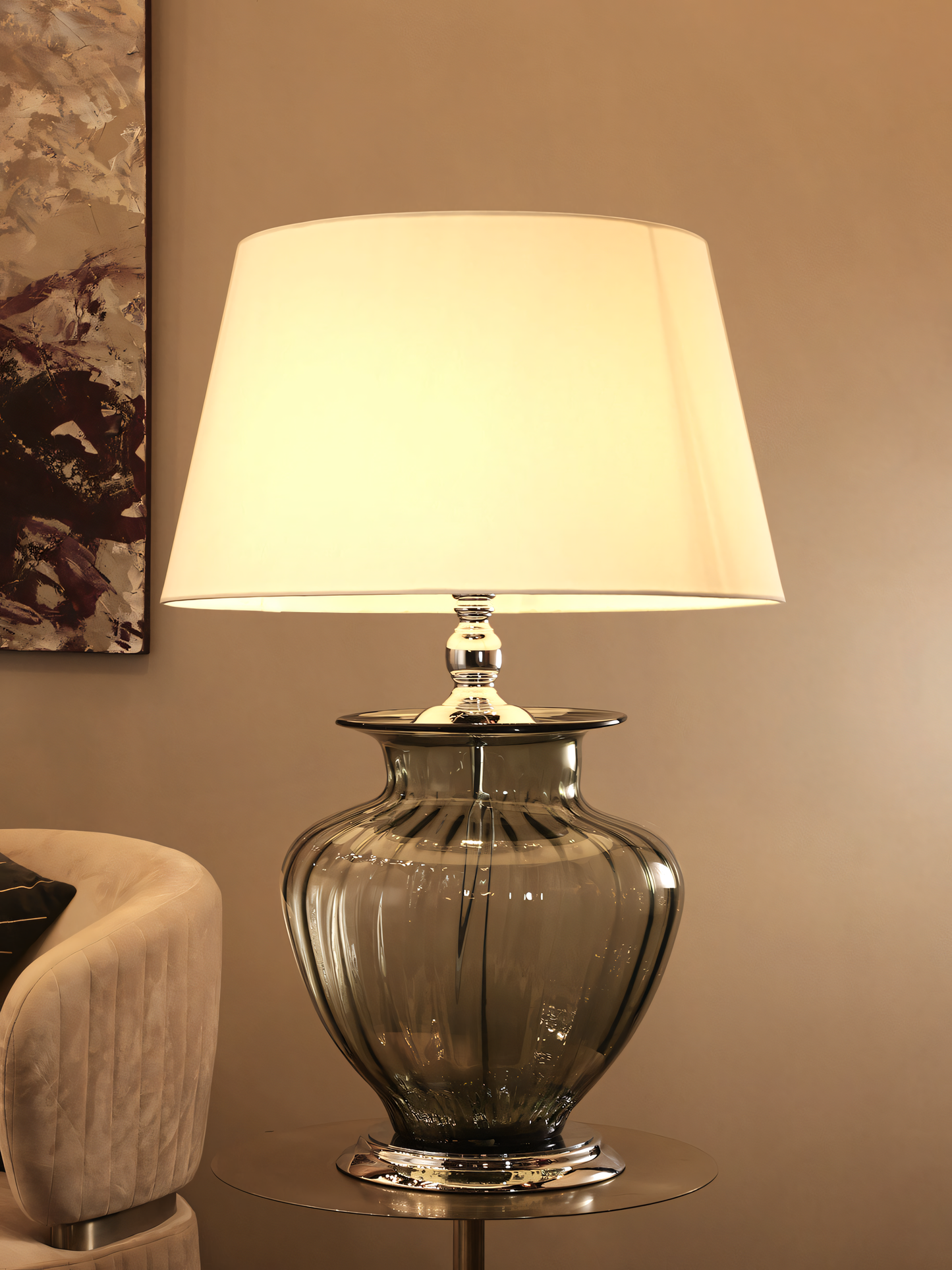 Smoky glass table lamp with fabric base