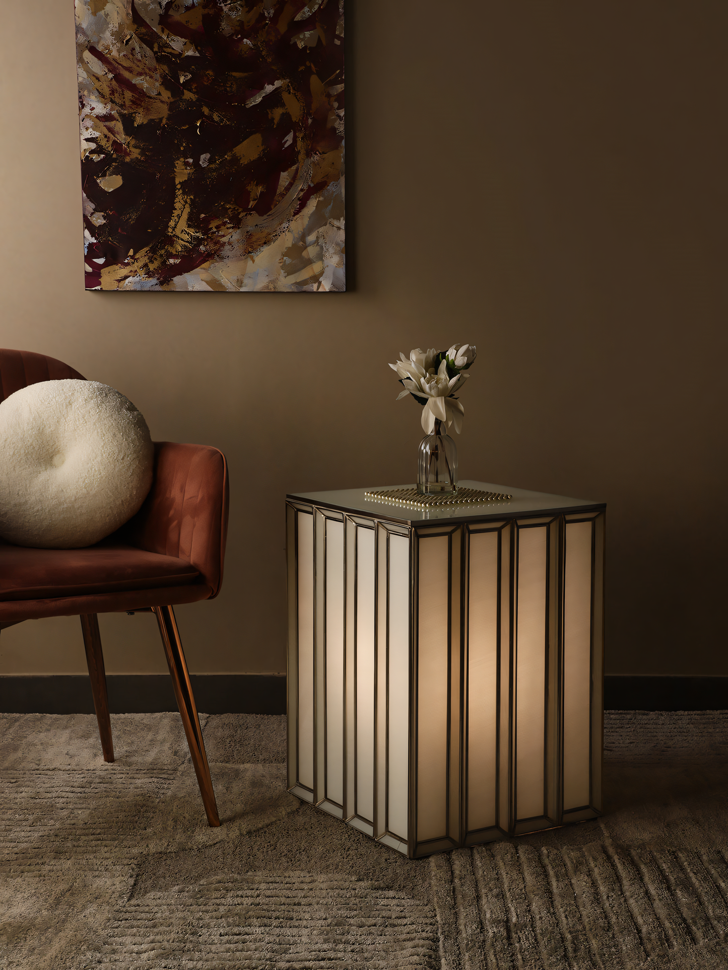 Elegant and modern floor lamp with a spacious glass side table