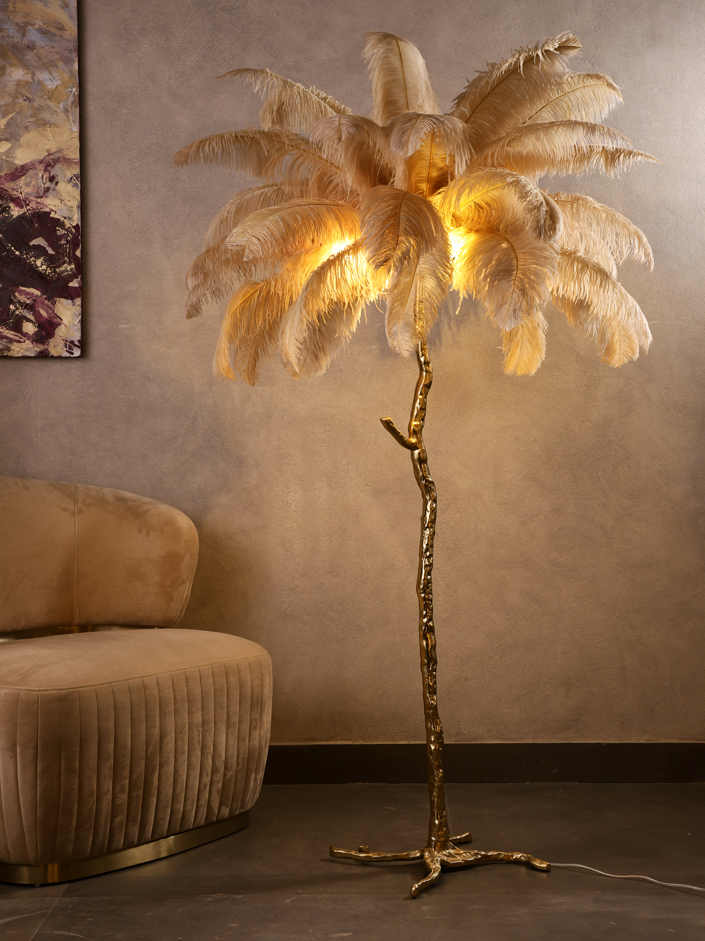 Feather Beige Floor Lamp in a cozy living room setting, creating a warm and inviting atmosphere