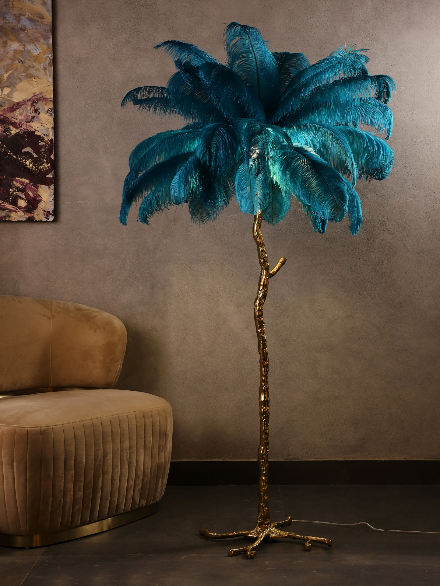 Feather Blue Floor Lamp in a cozy living room setting, creating a tranquil atmosphere