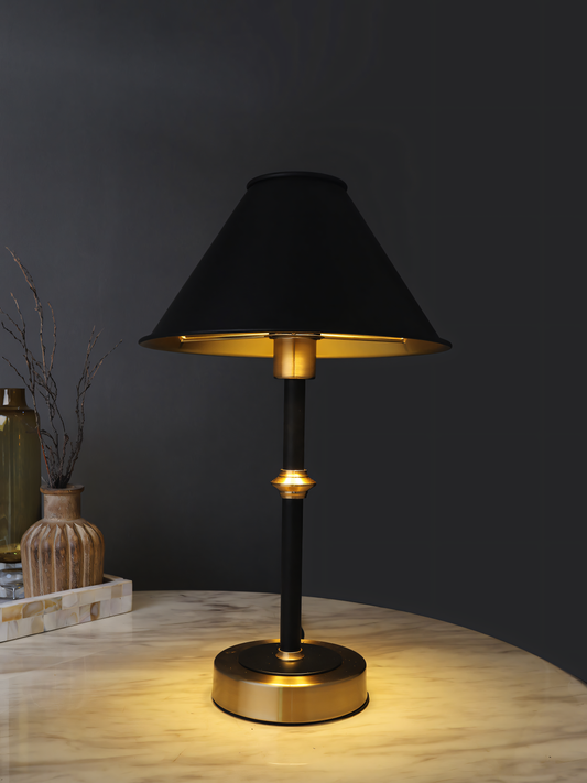 Pyramid-Shaped Table Lamp with Black Fabric Shade and Gold Base