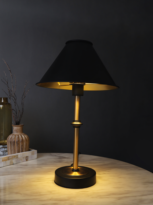 Pyramid-inspired black and gold metal table lamp