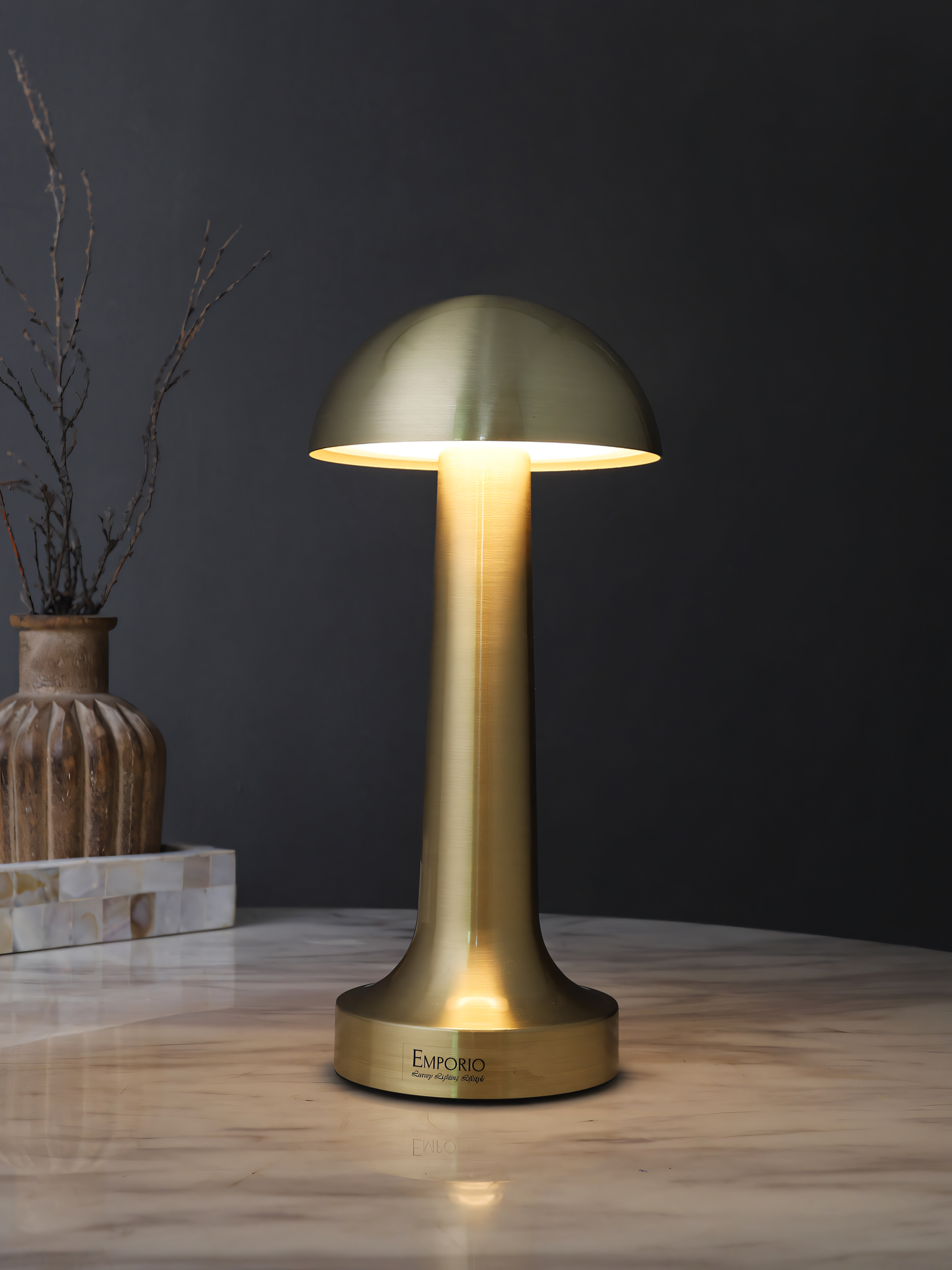 Golden mushroom table lamp glowing warmly