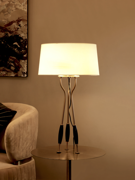 Three-legged table lamp with fabric shade