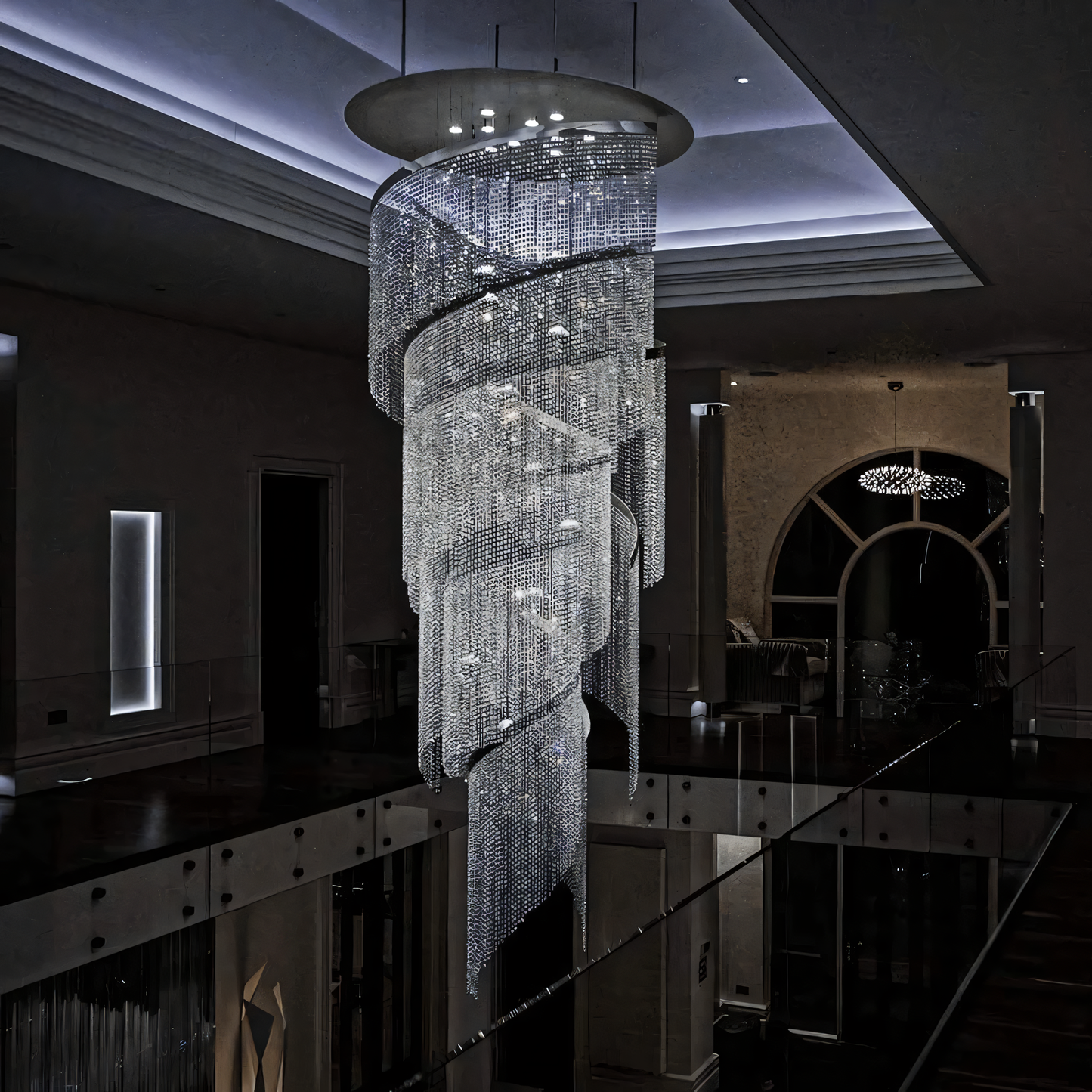 Mesmerizing long crystal chandelier, a statement piece for a grand foyer