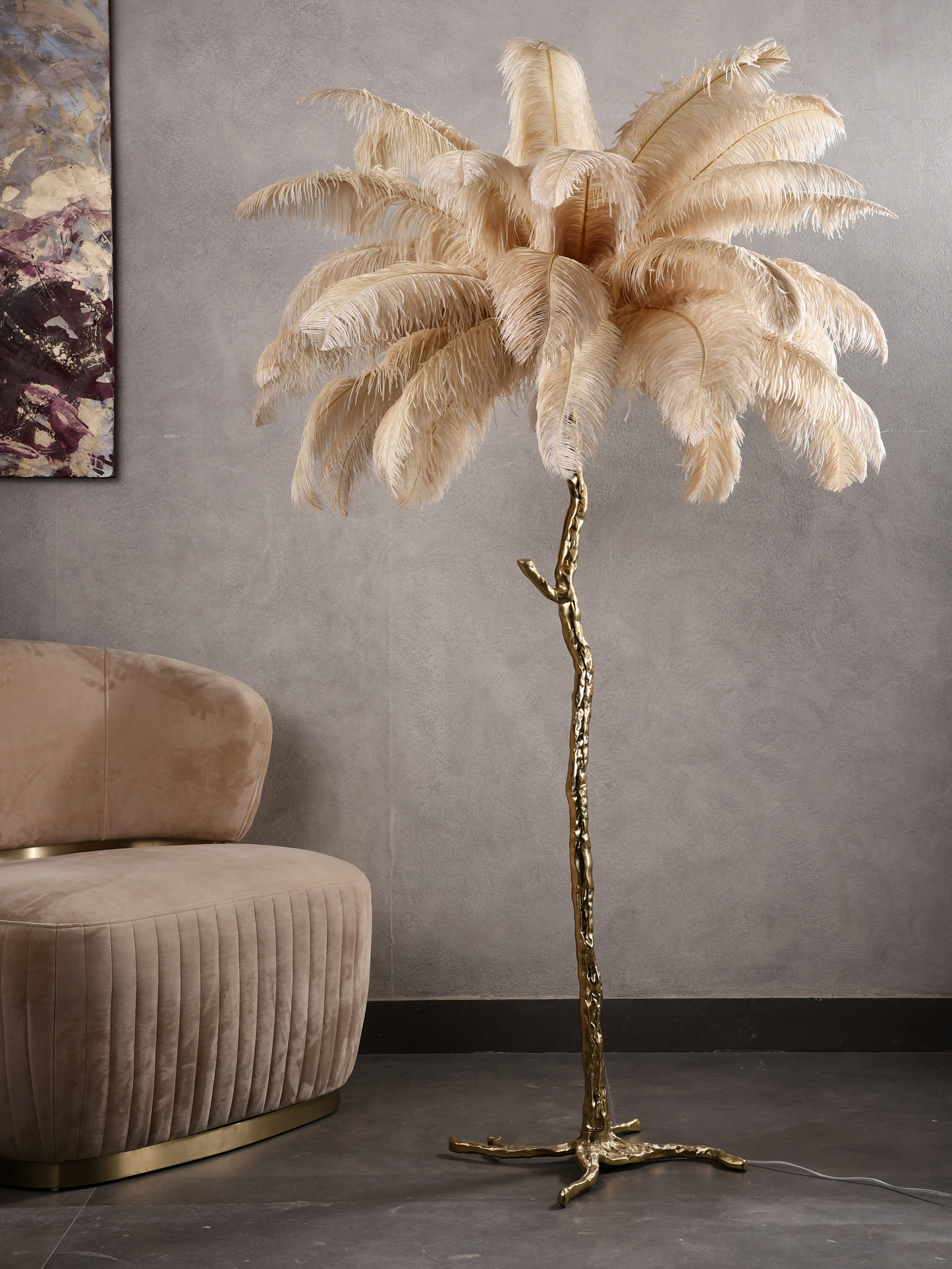 Silhouette of the Feather Beige Floor Lamp against a wall, showcasing its minimalist elegance