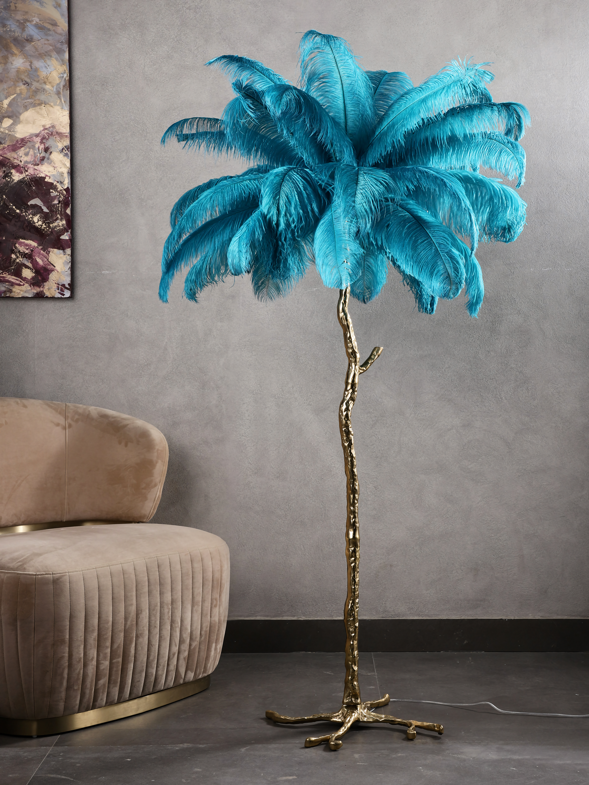 Silhouette of the Feather Blue Floor Lamp against a wall, showcasing its minimalist elegance