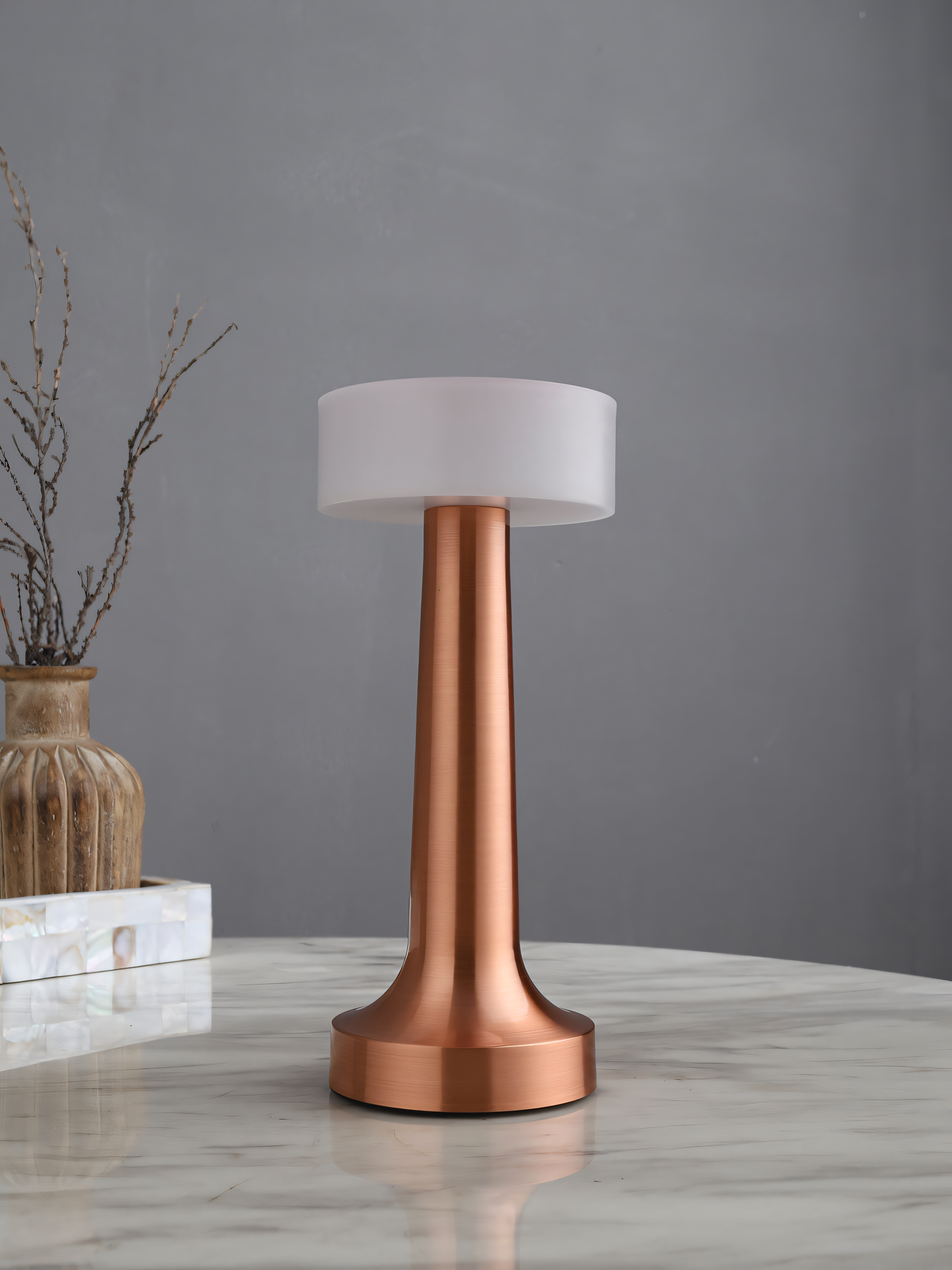 Mushroom-inspired rose gold and white table lamp