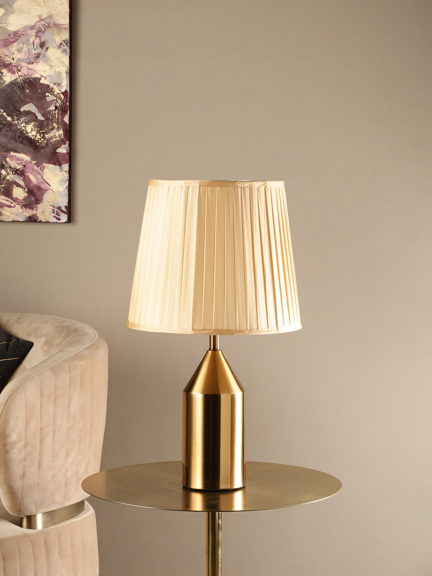 Golden metal table lamp with fabric shade