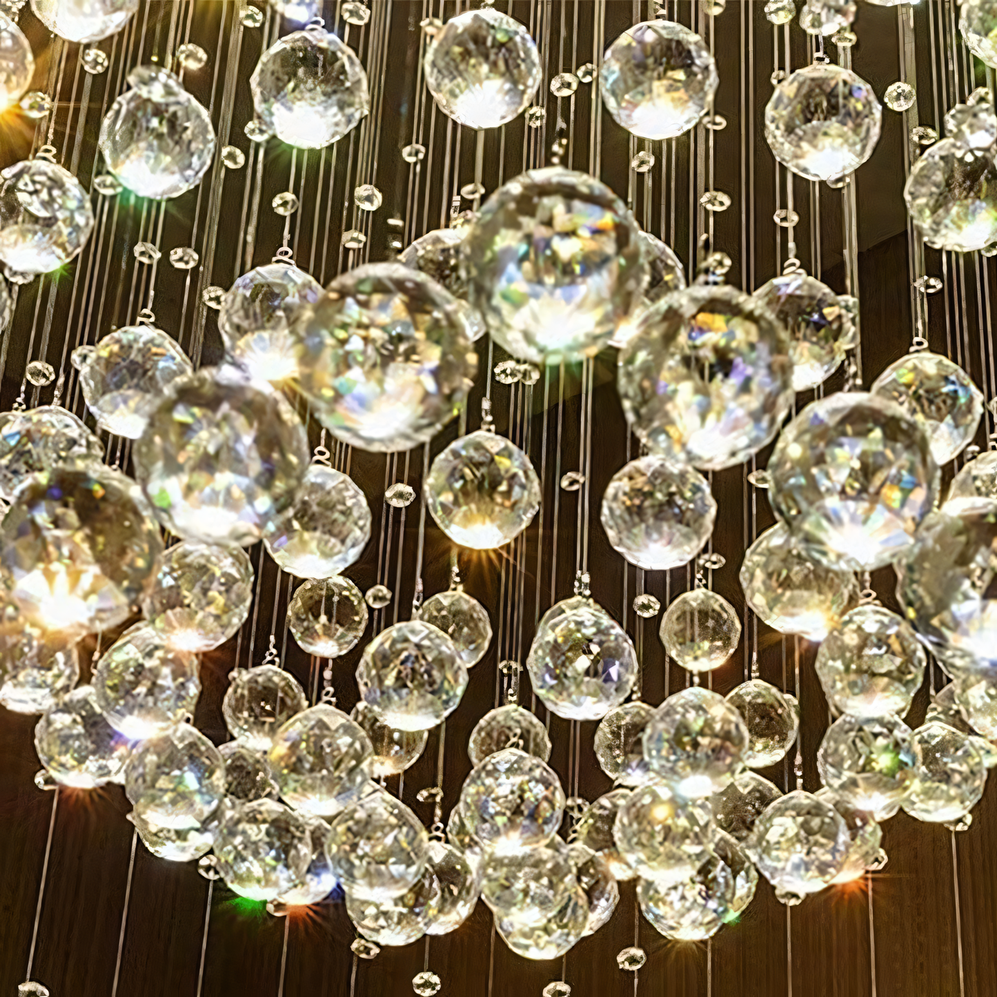 Cascading crystal glass panels in grand stairwell chandelier