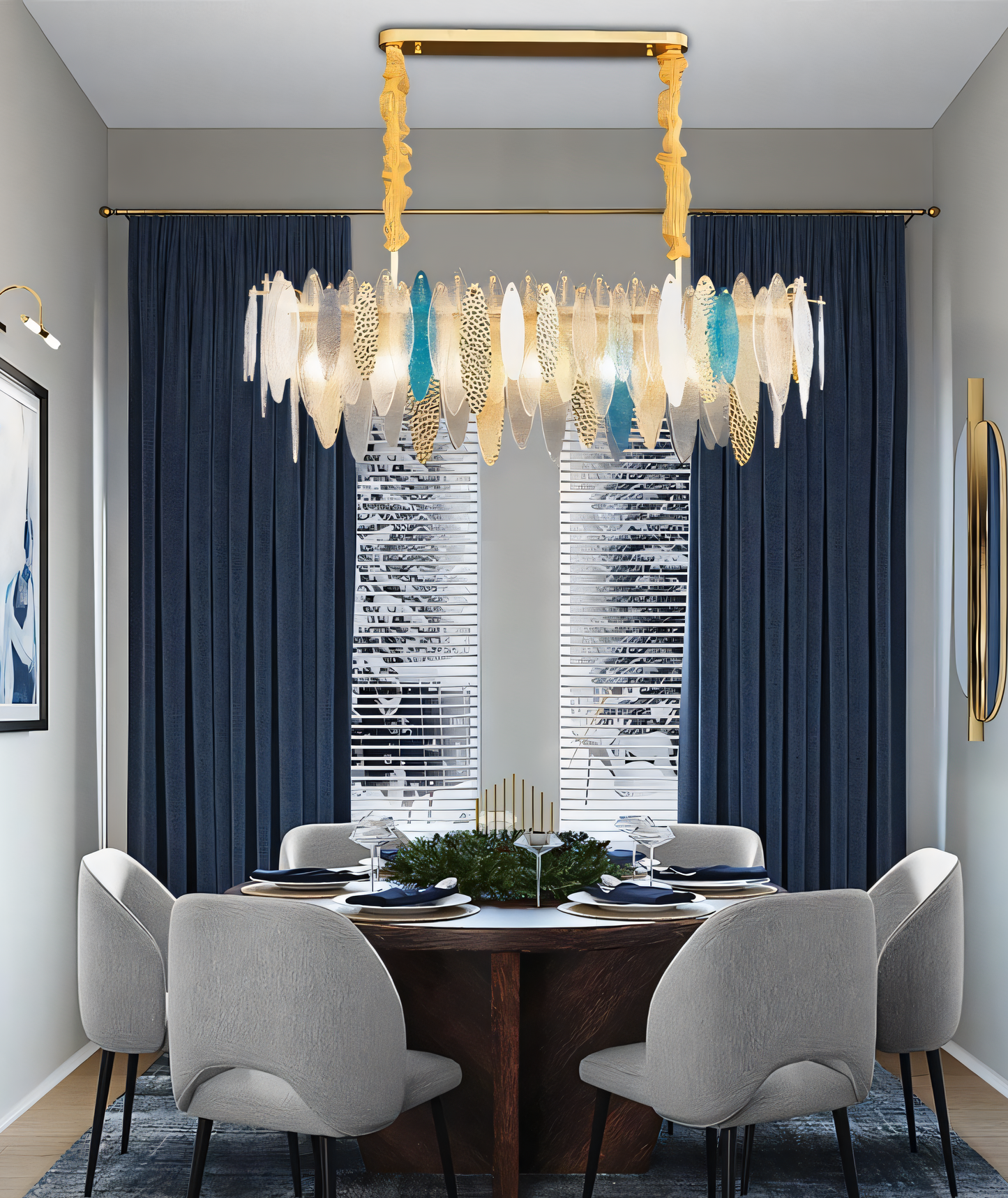 A close-up of the Beach View Oval Chandelier reveals its intricate oval shape, white finish, and gold accents.