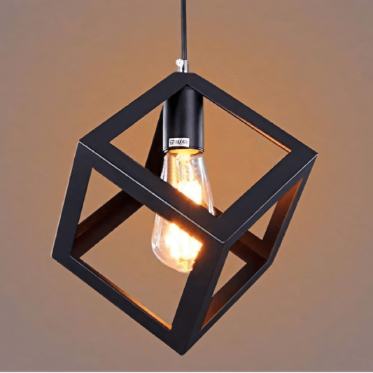 Striking metal square cube-shaped hanging light with a warm, inviting glow