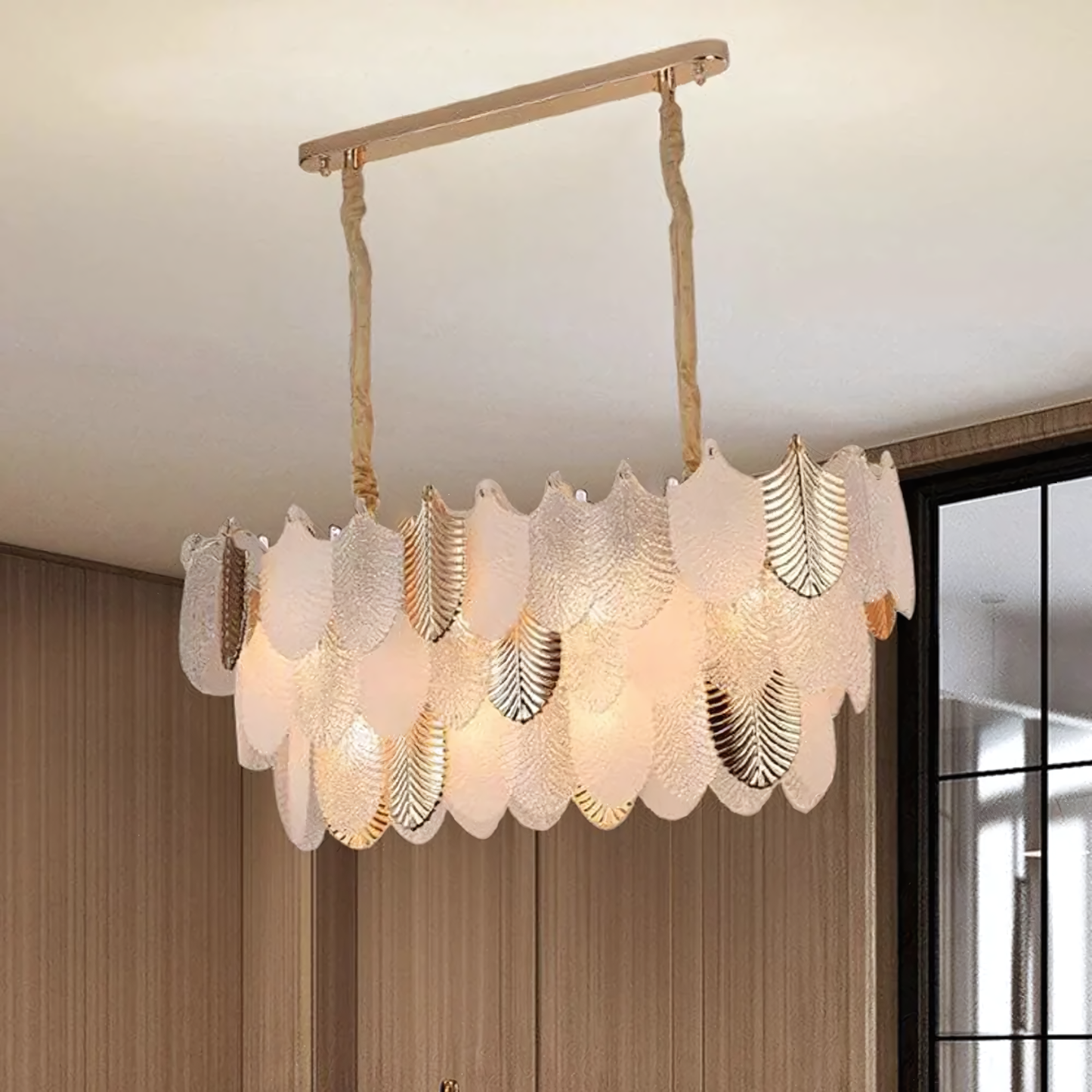 Elegant Gratus Luxe white glass leaf oval chandelier, a harmonious blend of luxury and modernity