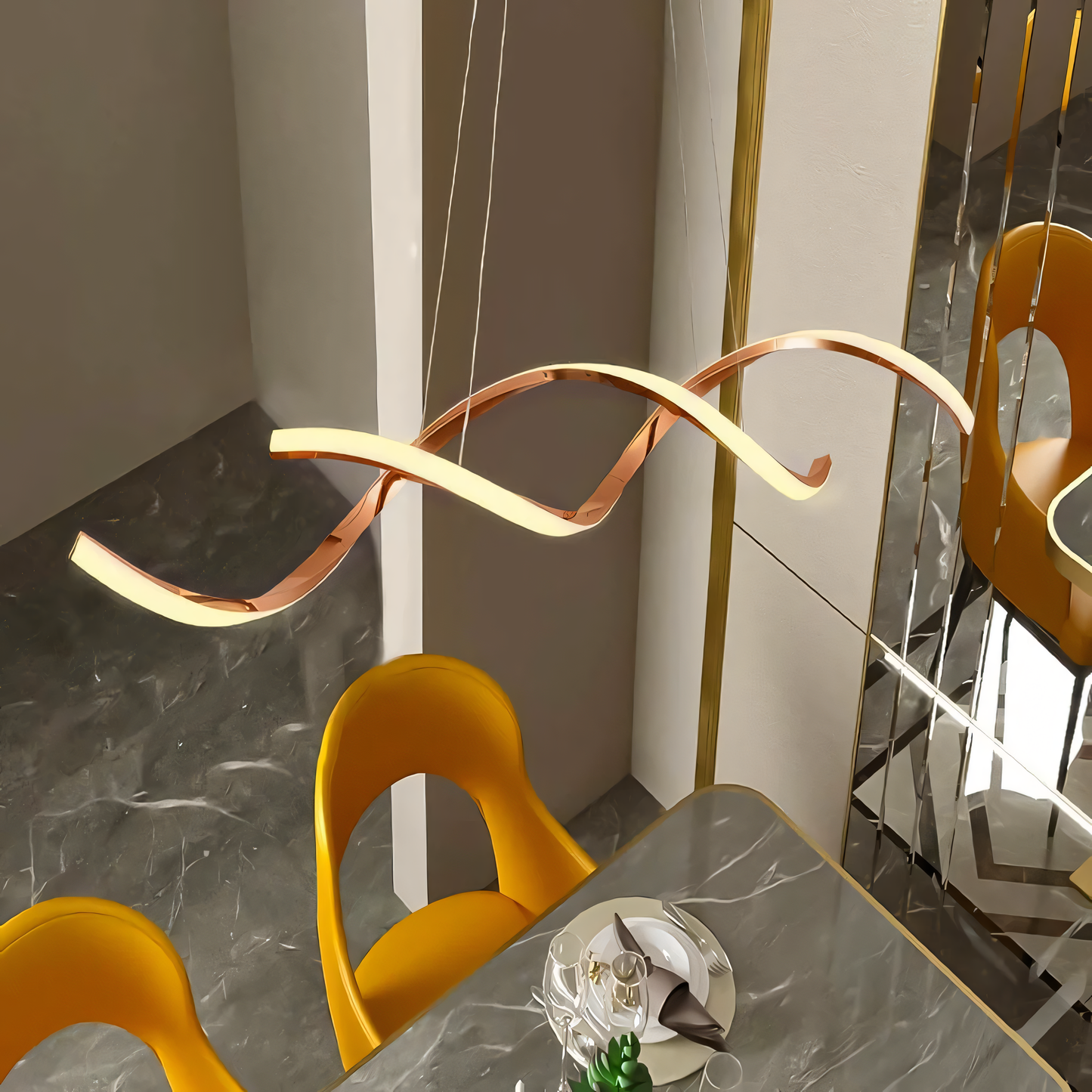 The Swirl Luxe Modern Dining Chandelier, a modern take on a classic design, hangs above a dining table in a luxurious home. The chandelier's warm light fills the room.