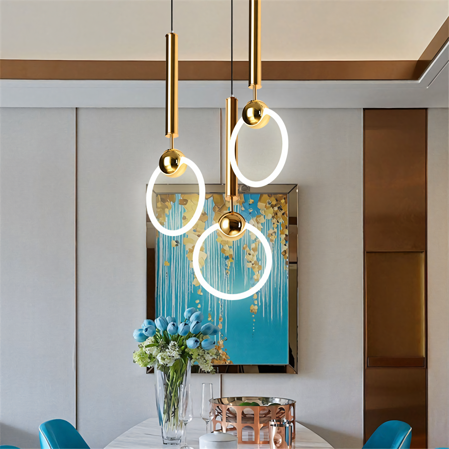 Warm and inviting glass and metal hanging light fixture