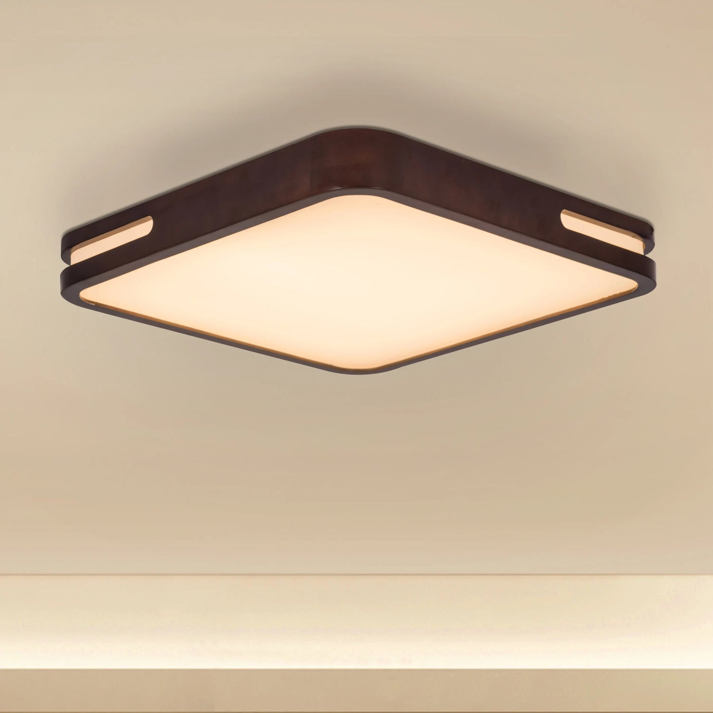 Wooden ceiling light with adjustable brightness and LED.