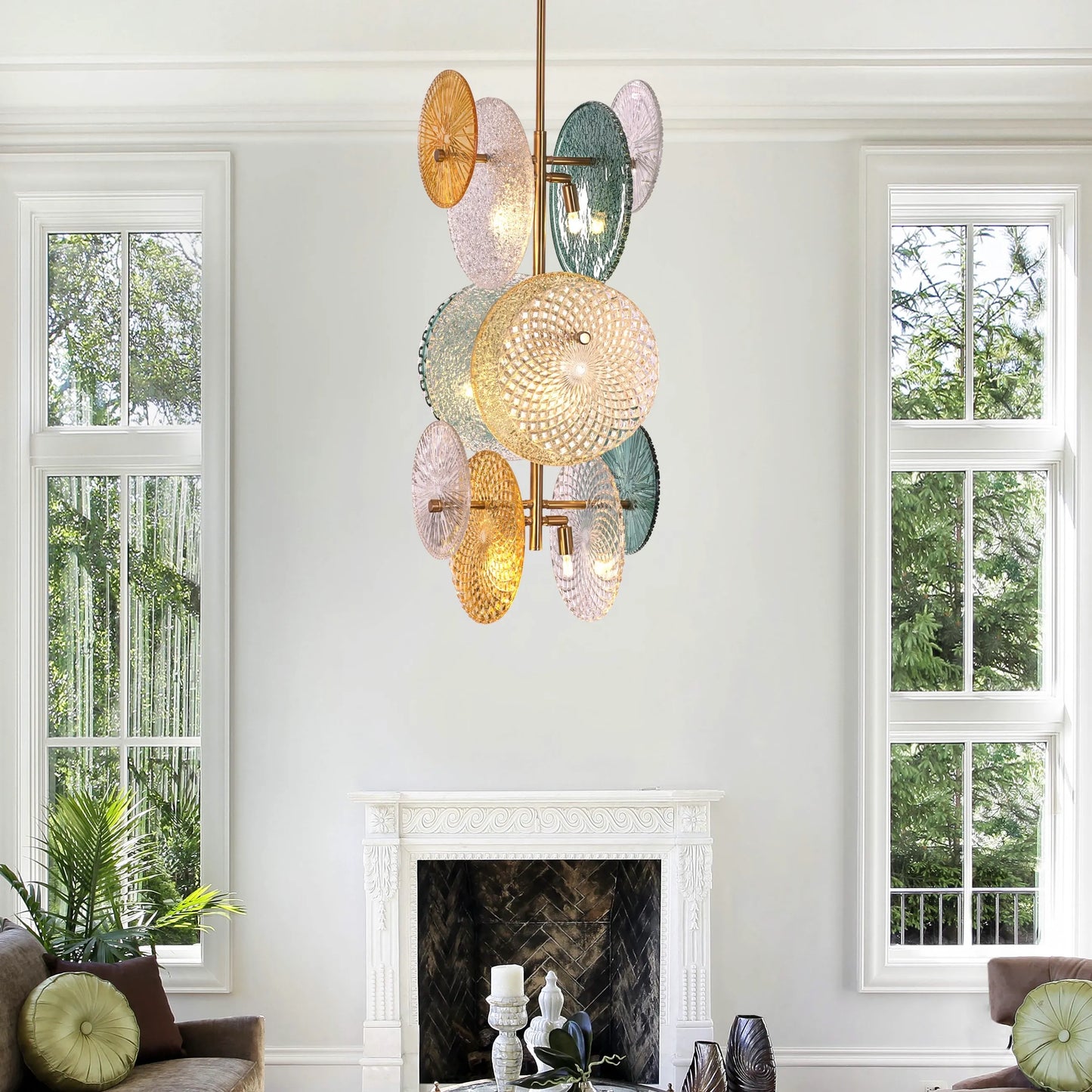 Trendsetter medium gold chandelier illuminating a modern living room with its avant-garde design