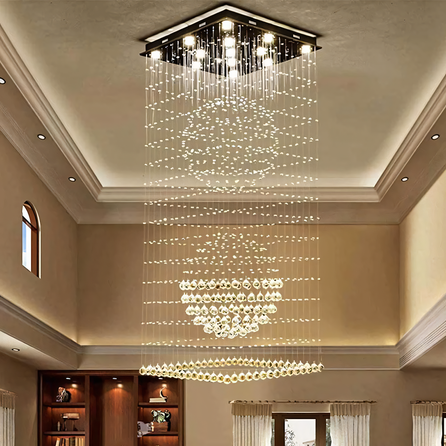 Adjustable hanging chandelier for double-height staircase