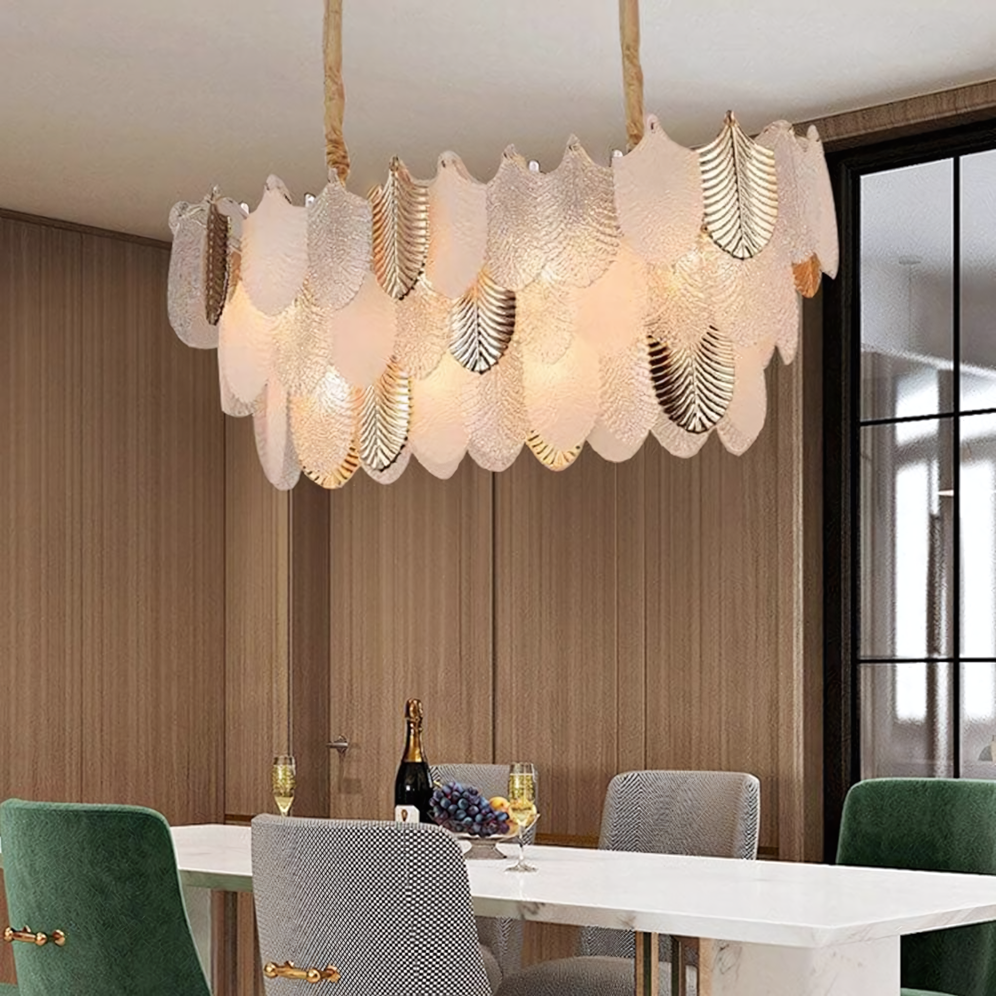 Breathtaking Gratus Luxe white glass leaf oval chandelier, a centerpiece of elegance