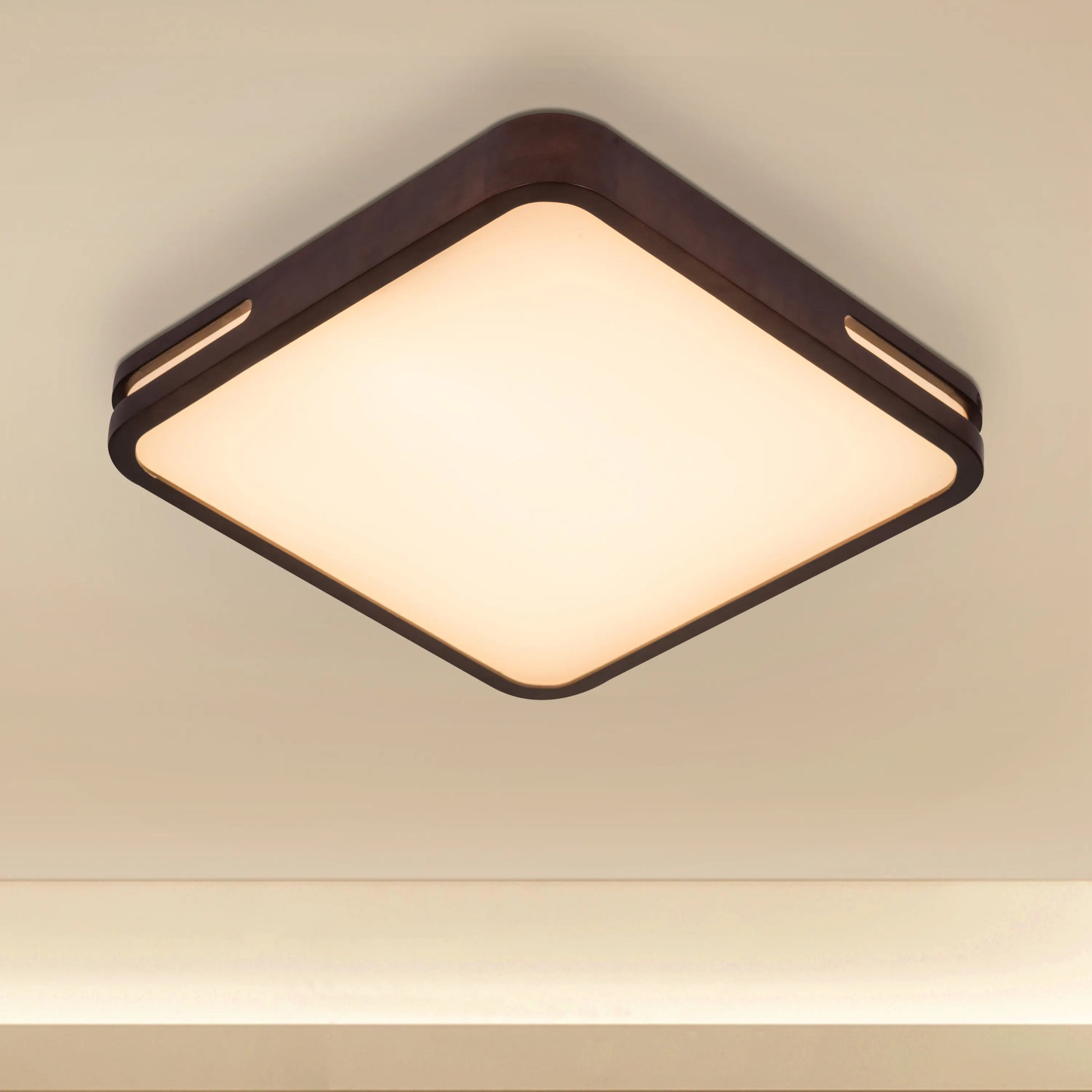 Natural wood finish ceiling light with adjustable LED.