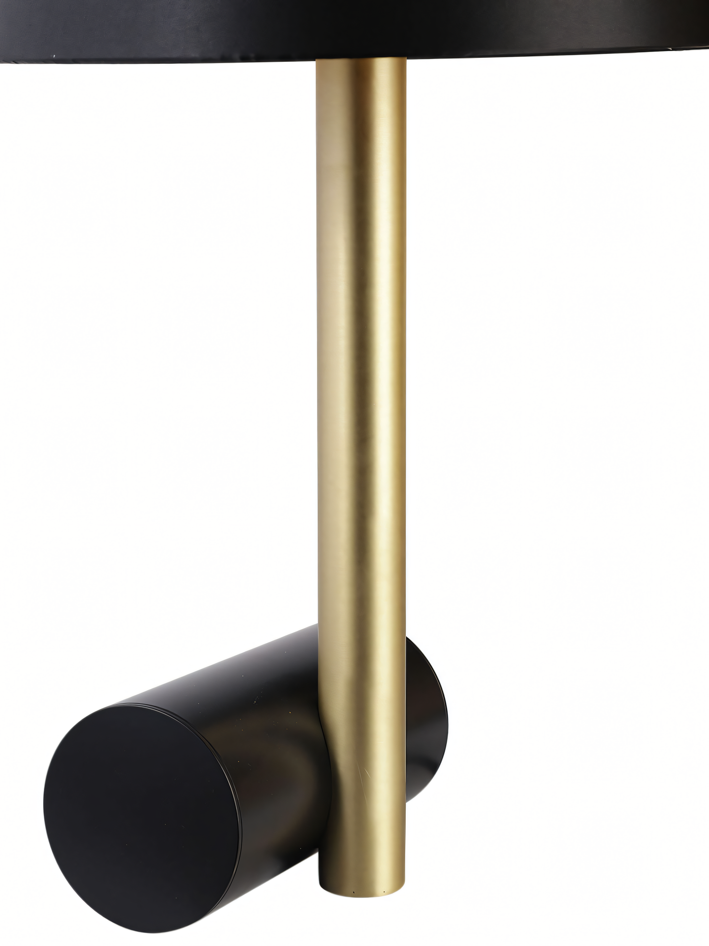 Sleek black and gold lamp, city skyline silhouette