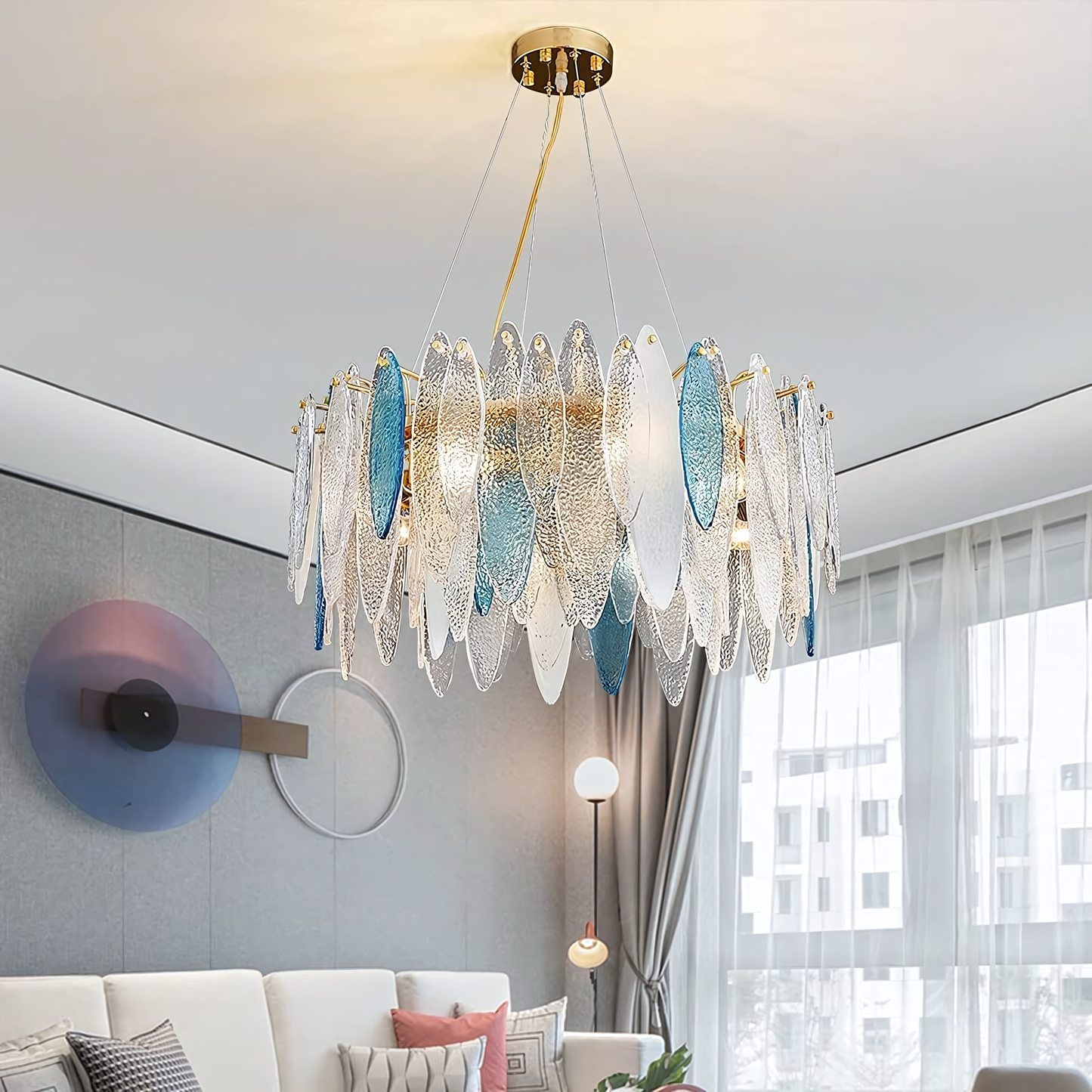 Sophisticated Beach View-style metal and glass chandelier