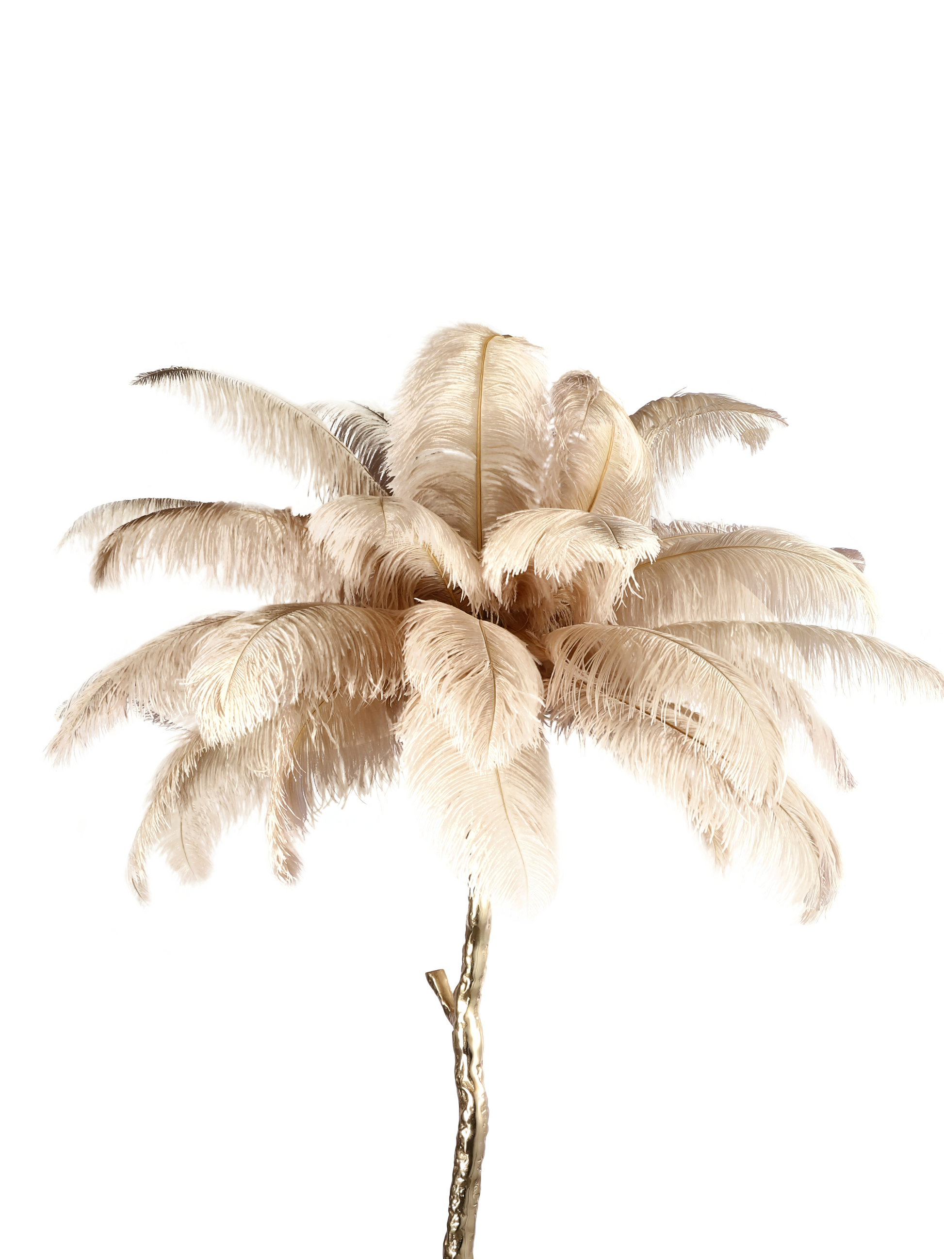 Feather Beige Floor Lamp casting a warm, beige-tinted glow in a serene bedroom