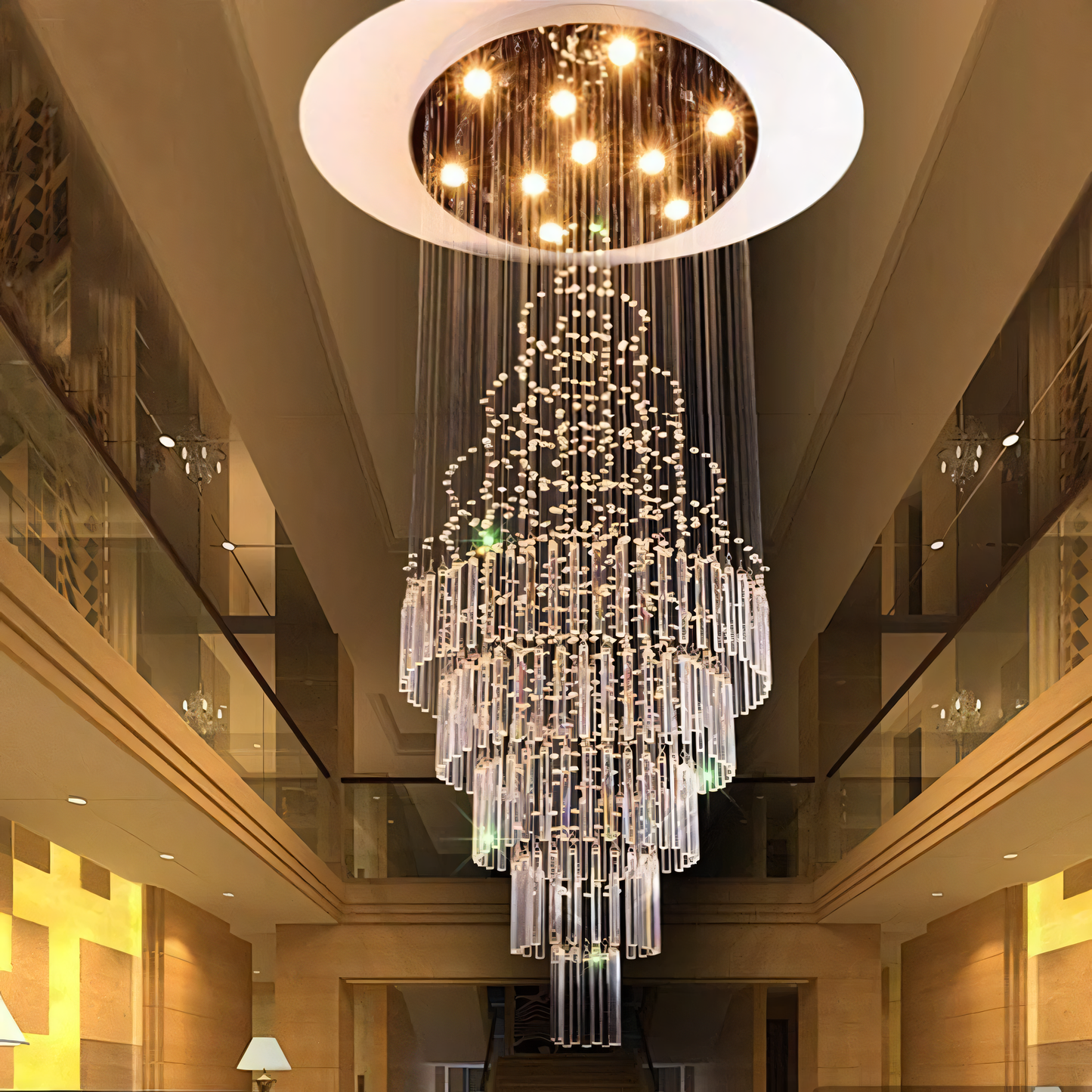 Dazzling array of crystal elements in long, waterfall-inspired chandelier