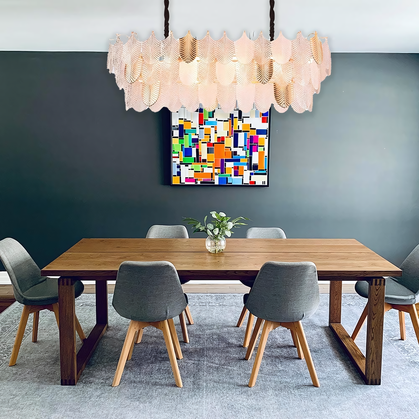 Stunning white glass leaf oval chandelier, perfect for a refined dining room