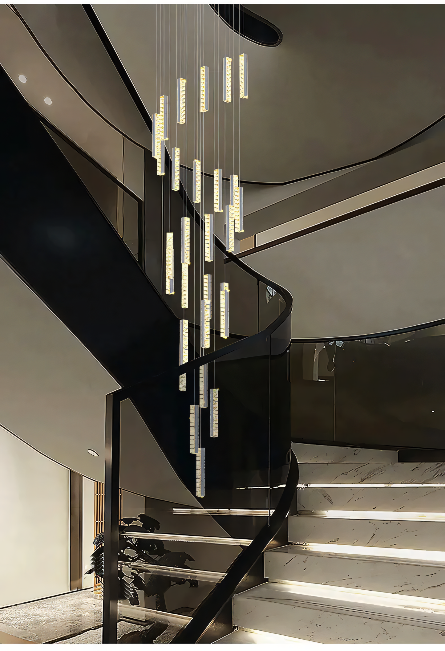 Cascading crystal glass panels in luxury apartment chandelier