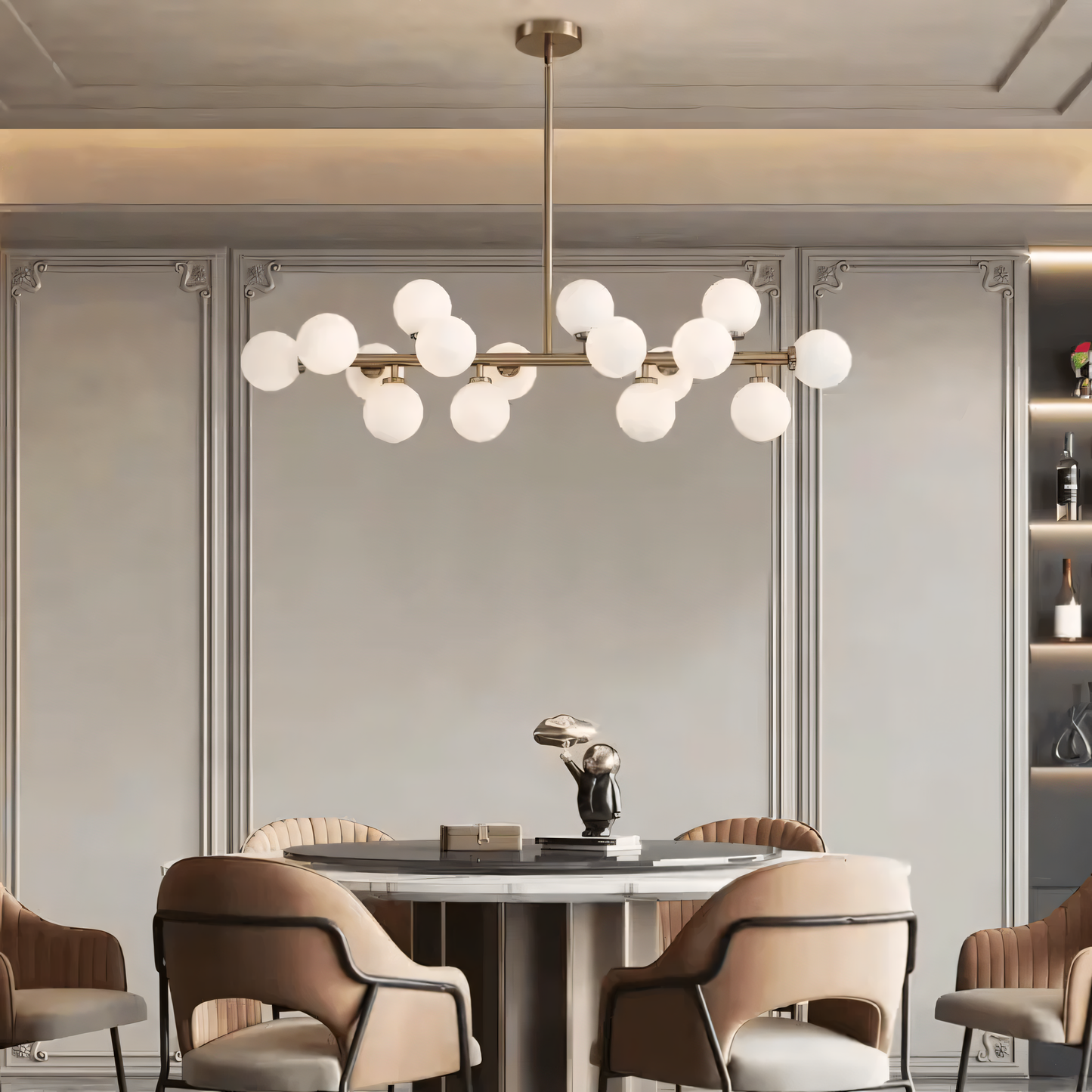 Bellus Catuli Chandelier as the focal point of the dining space