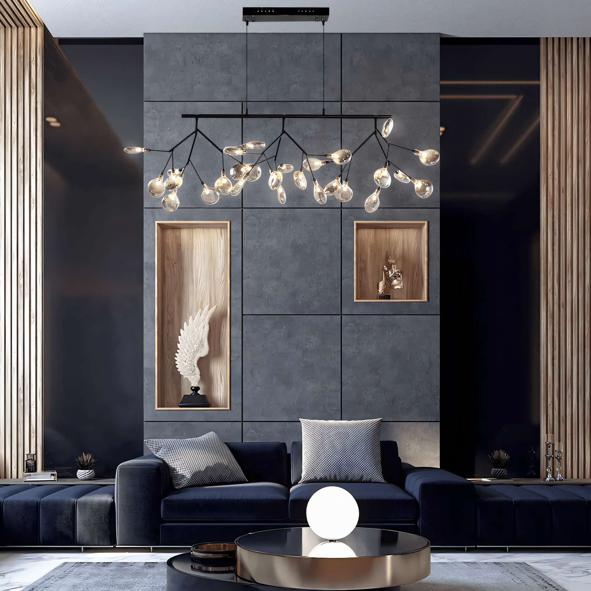 The soft, diffused light of the Blaze Modern Dining Chandelier creates a calming ambiance in a hotel lobby.