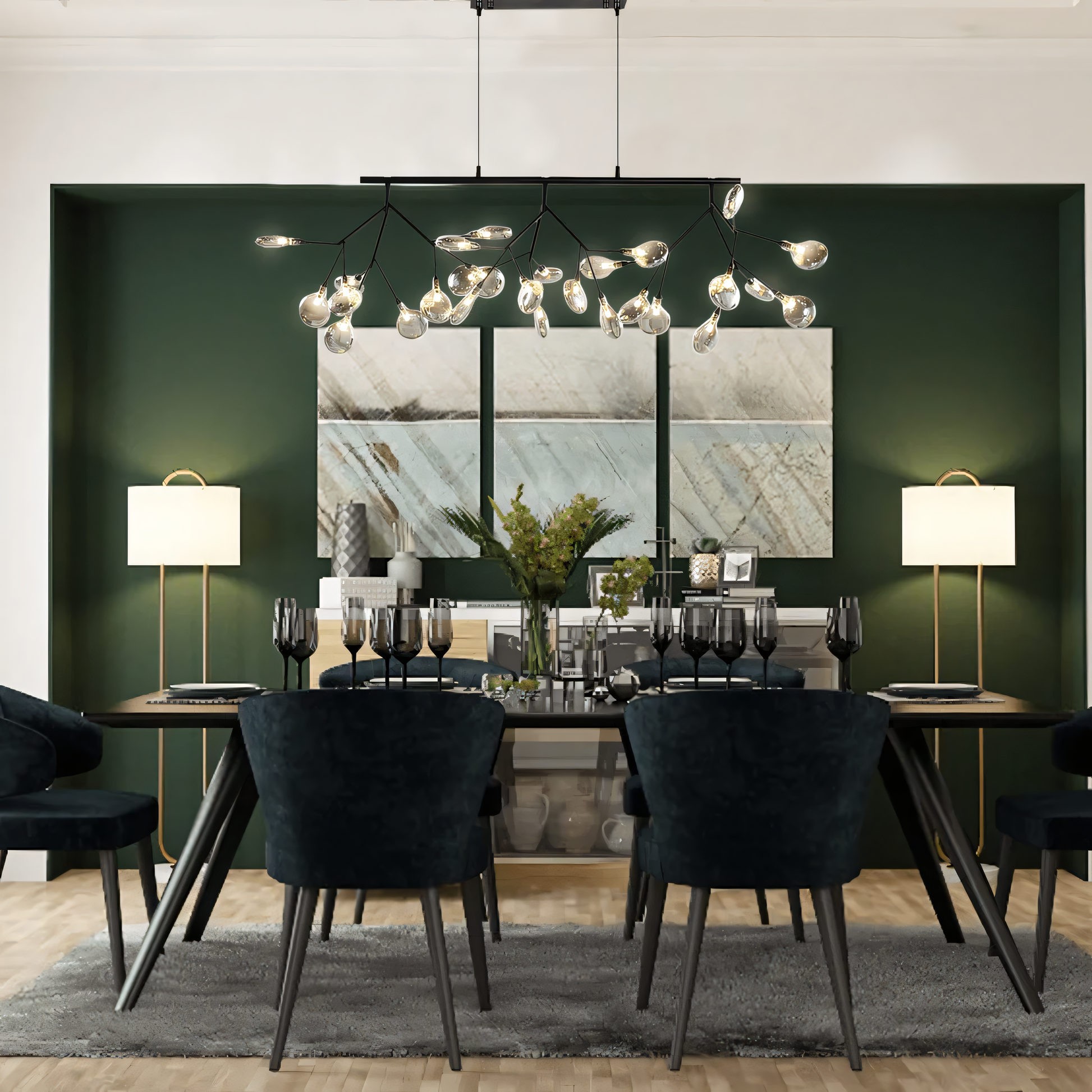 The Blaze Modern Dining Chandelier adds a touch of whimsy and elegance to a dining room table setting.