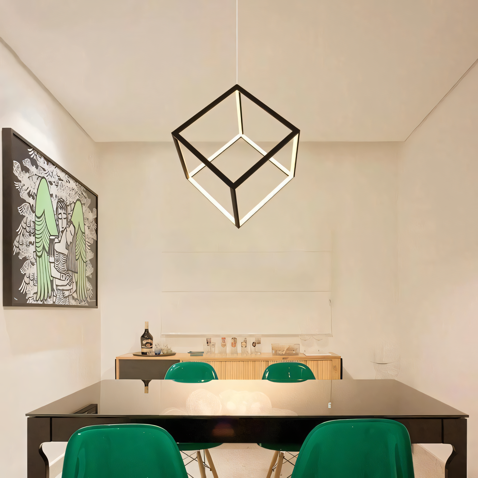 Sophisticated Modern Geometric Cube Pendant Light in Luxury Hotel Lobby