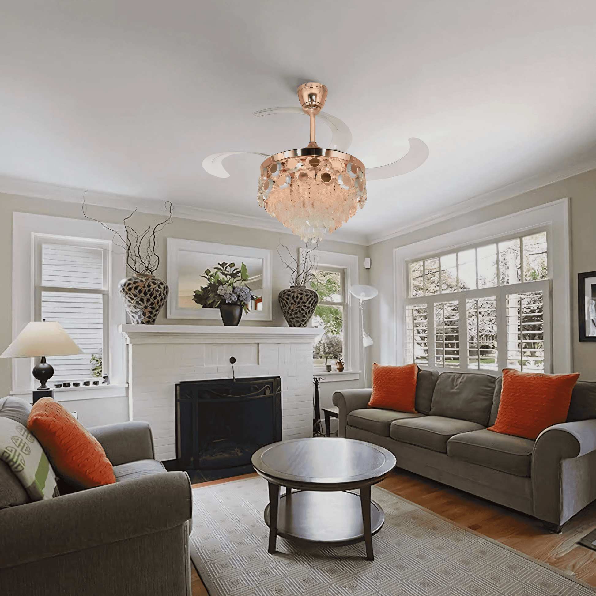 Elegant chandelier with rotating fan blades