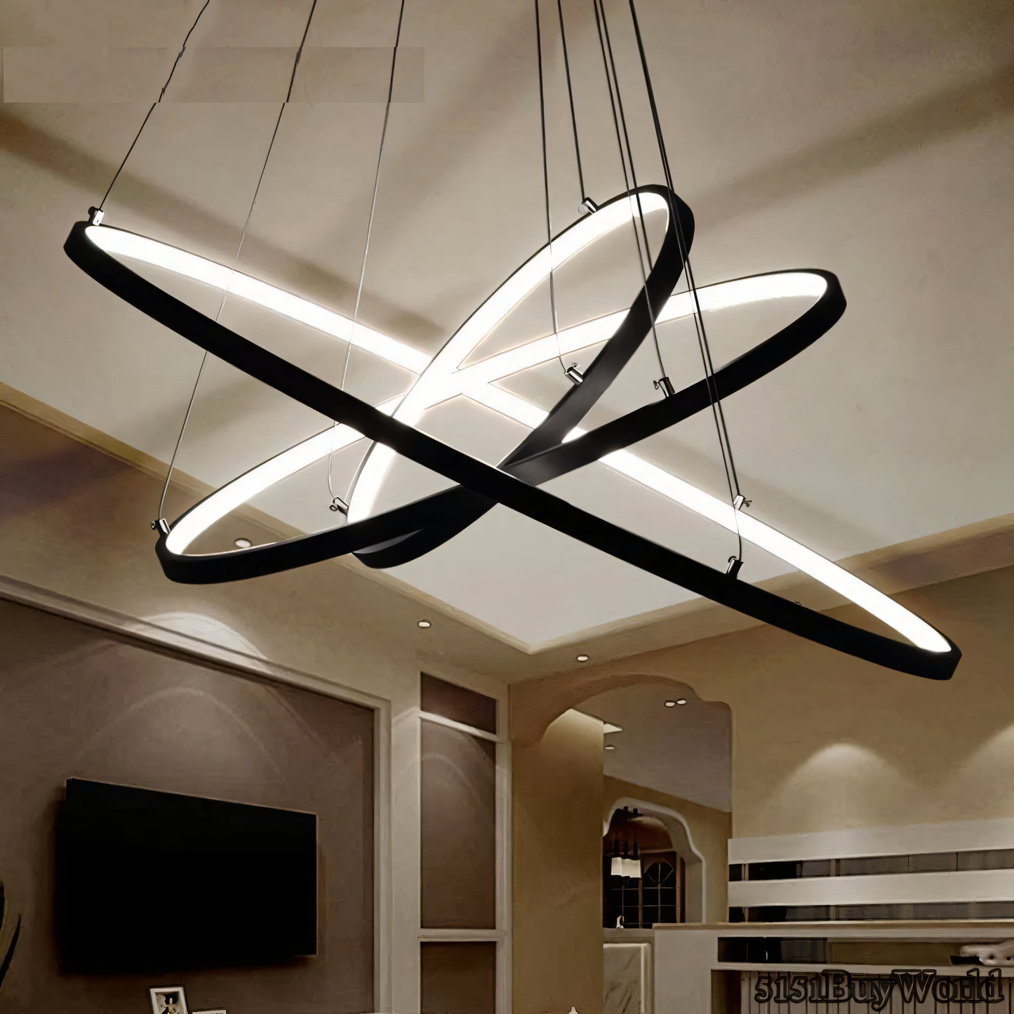 The Modern Zenith Chandelier casts a dramatic glow over a contemporary living space.