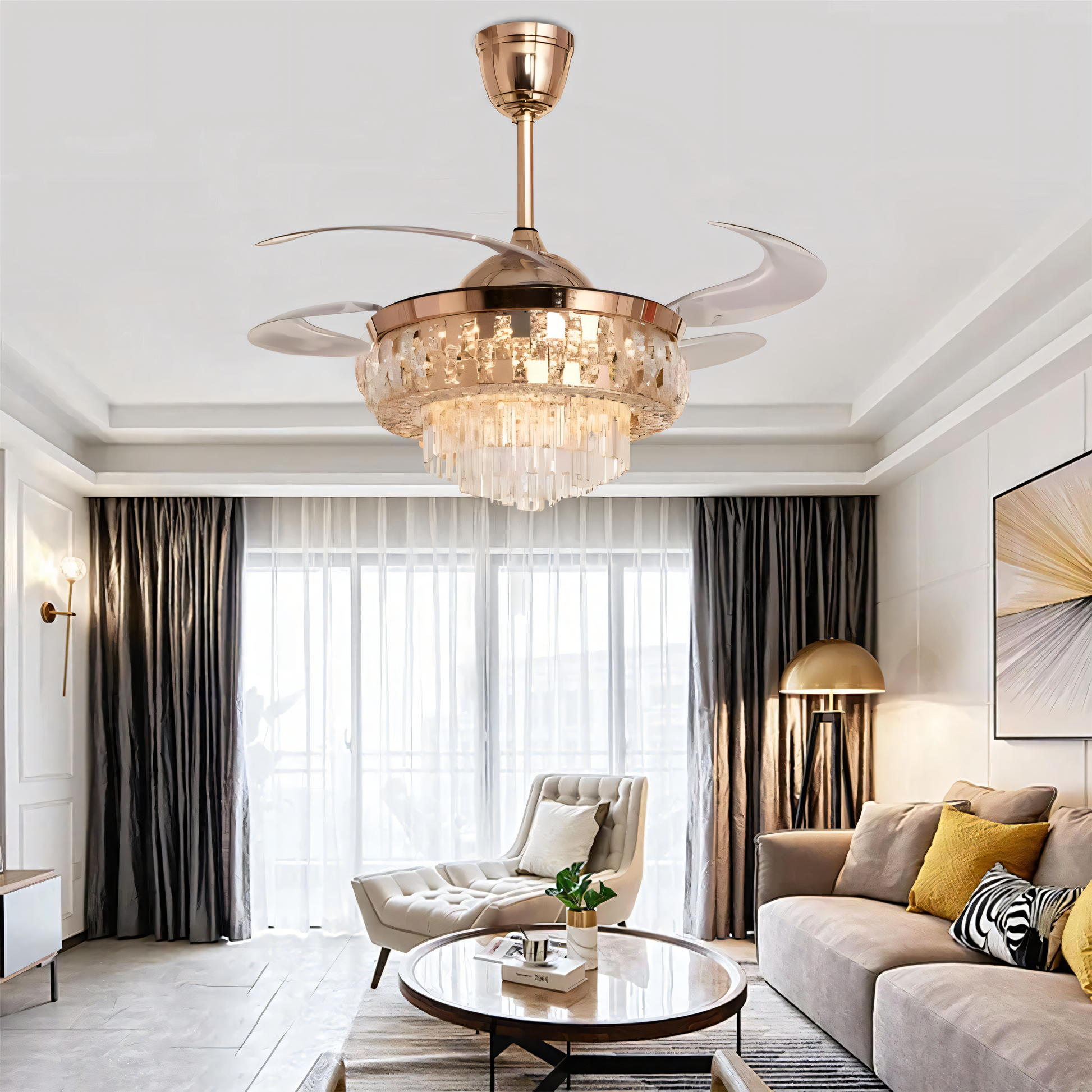 Romantic ambiance with a crystal chandelier fan