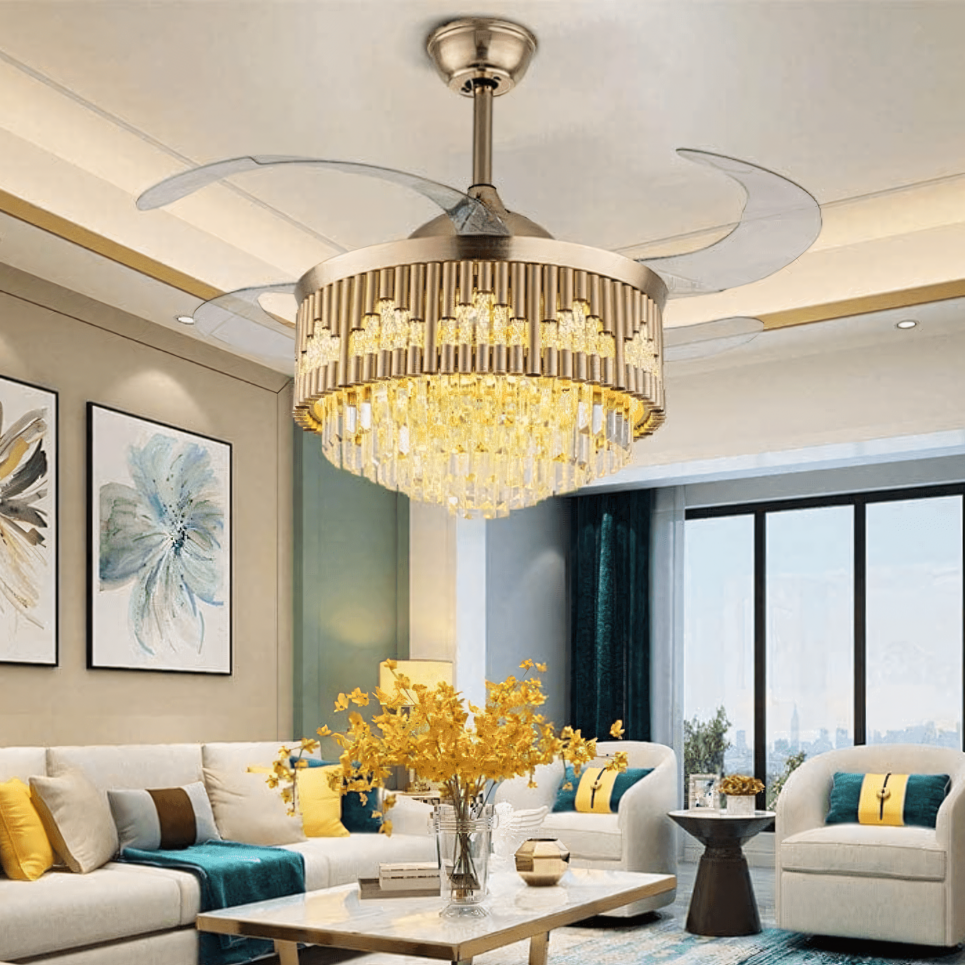 Color-changing crystal chandelier fan for ambiance and comfort