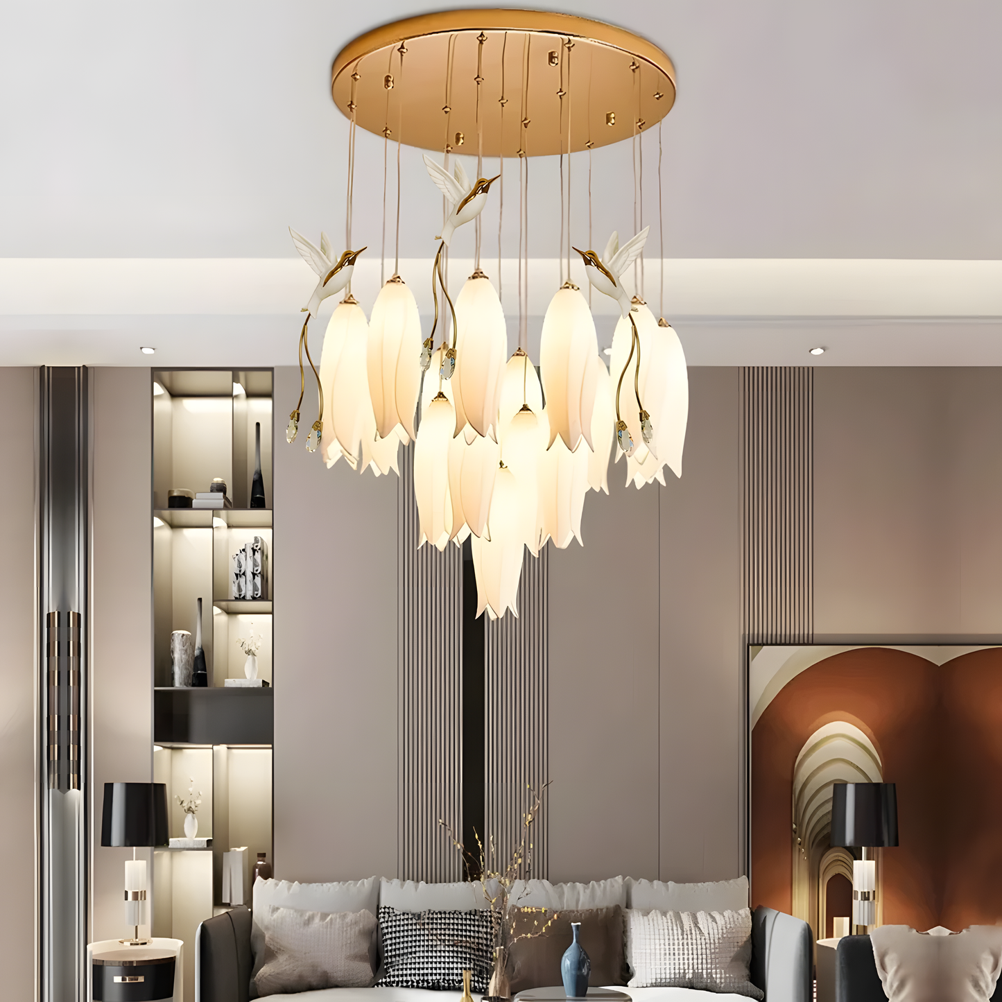 Sculptural Parakeet Petal Design Modern Chandelier